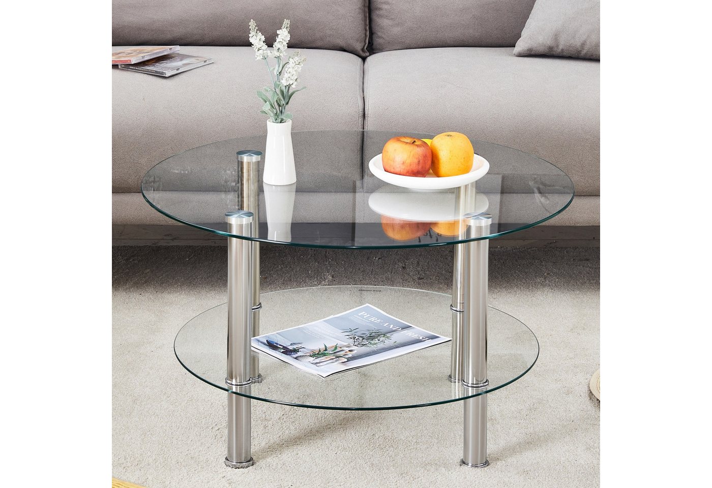 ANYSUN Couchtisch Couchtisch Glas, Glastisch runder (Wohnzimmertisch mit 2 Ablagen), Sofatisch, Kaffeetisch, Beistelltisch für Wohnzimmer