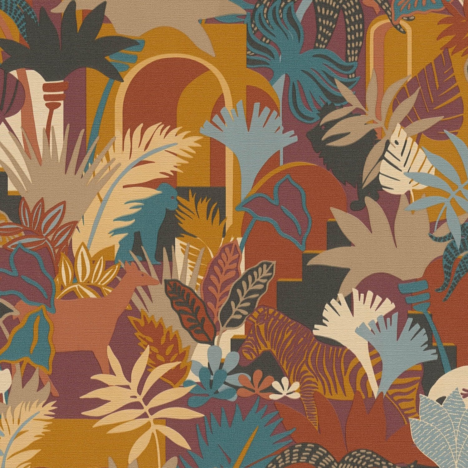 Profhome Vliestapete 390961-GU Retro Tapete Dschungel matt braun orange-rot petrol, geprägt, (1 Rolle, 5,33 qm), heißgeprägte Vliestapete, rostorange