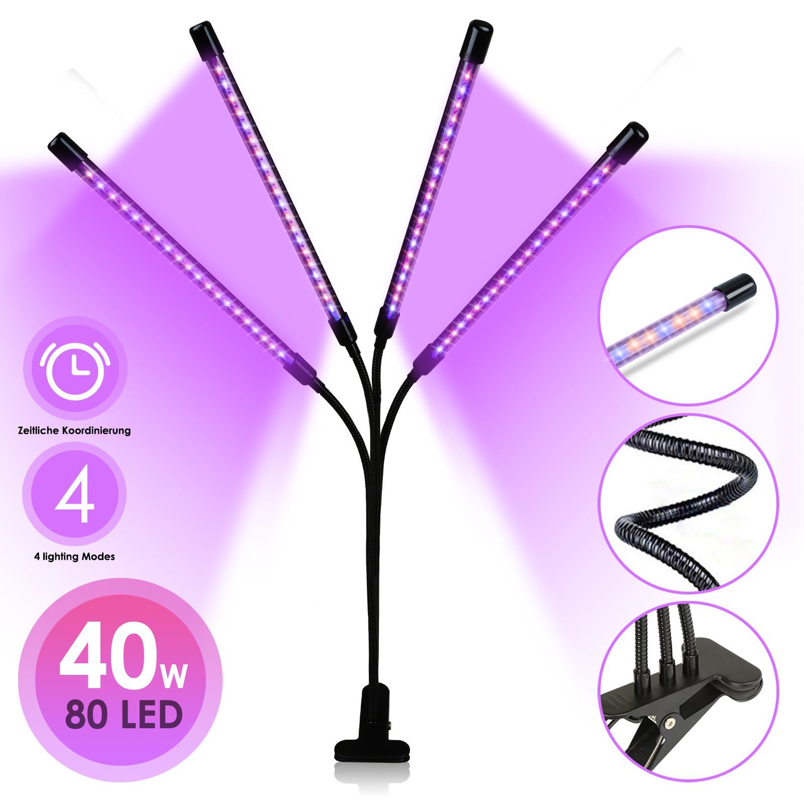 Lospitch Pflanzenlampe LED Pflanzenlicht Vollspektrum LEDs 4 Gewächshaus Zimmerpflanzen Gartenarbeit 80 Köpfe