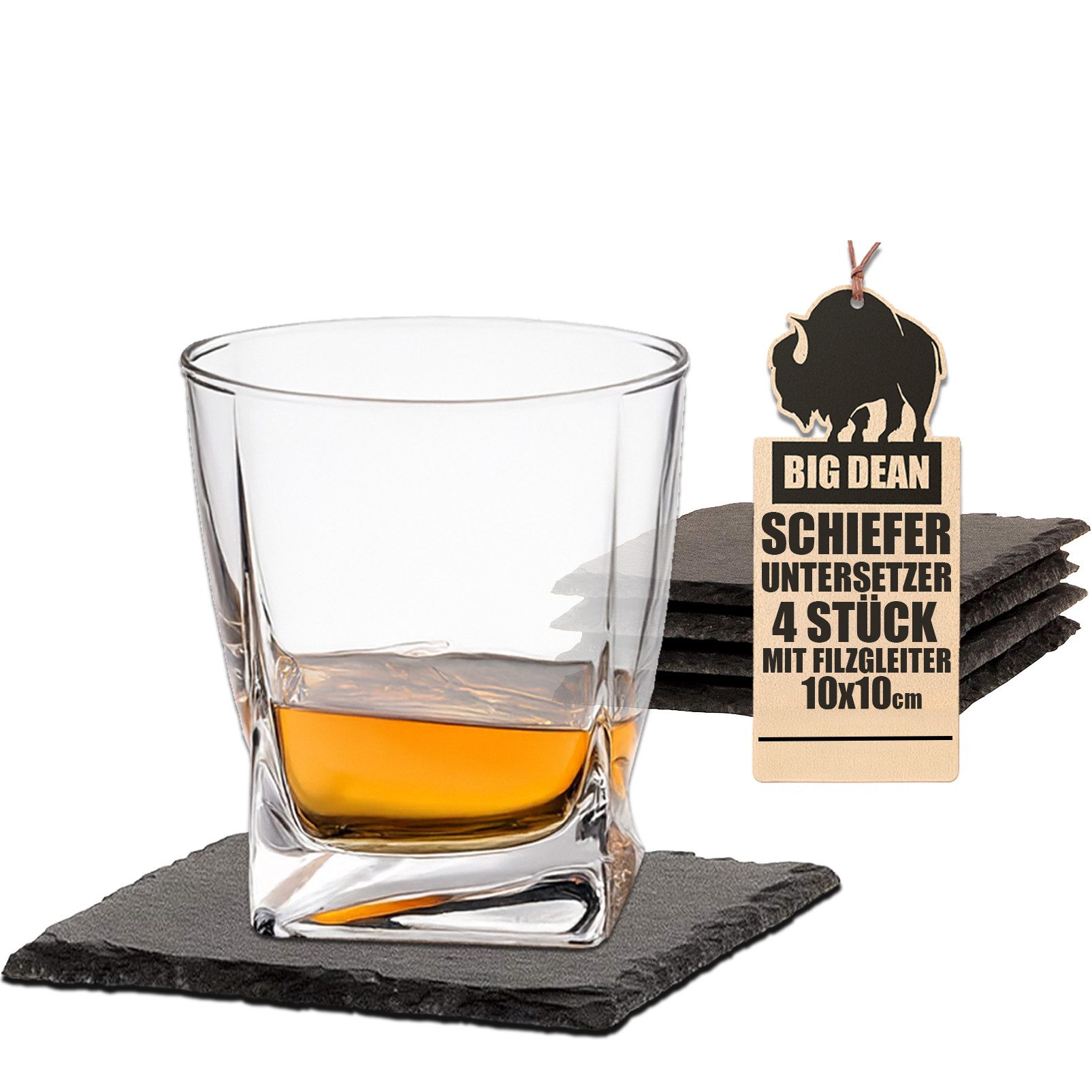 BigDean Glasuntersetzer Schiefer 4x 10x10 cm quadratische Servierplatten 4 Gummifüße, Zubehör für Rustikales Abend Ambiente, Set, 4-tlg., Schiefer, Naturstein, Klassiker