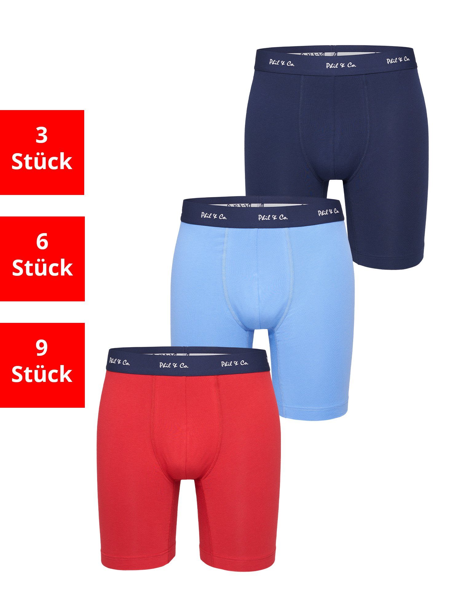 Phil & Co. Langer Boxer Jersey Long Boxer (3-St) Boxer-Brief Retro-Shorts Unterhose red blue navy