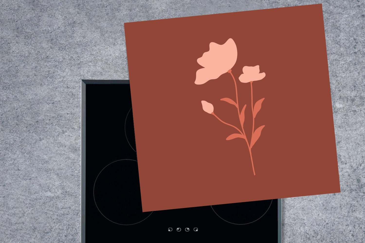 für MuchoWow mit 78x78 tlg), küche rosa cm, (1 Arbeitsplatte Vinyl, Ceranfeldabdeckung, einer Hintergrund, Illustration Herdblende-/Abdeckplatte Blume braunem
