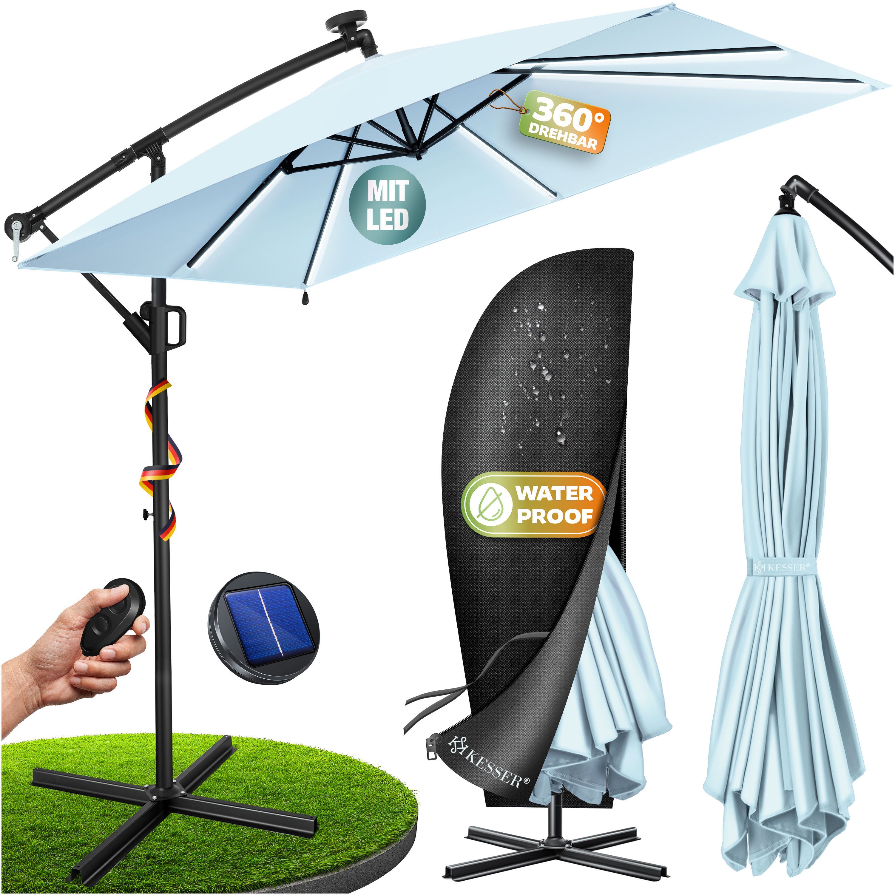 KESSER Ampelschirm, Ø350cm Sonnenschirm inkl. Abdeckung & Wind- & wetterfest