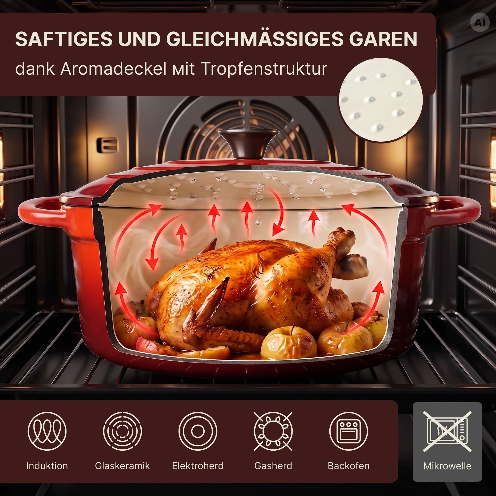 BIG-PAN Bräter Gusseisen Schmortopf 3,5 L oval Deckel emailliert Bratentopf Cocotte, Gusseisen (Topf Auflaufform Servierpfanne, Schmorpfanne Brotbacktopf), für  – Bild 4 von 5