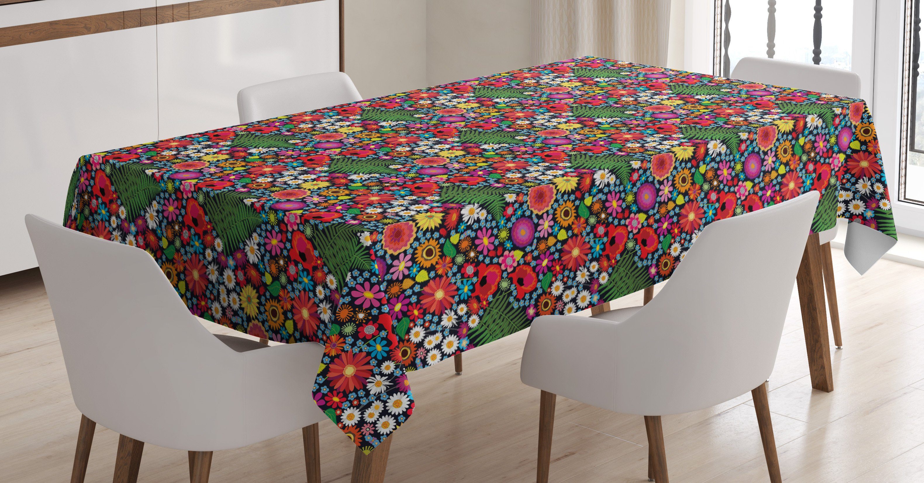 Abakuhaus Tischdecke Farbfest Waschbar Für den Außen Bereich geeignet Klare Farben, Blumen Astern Kamillen und Farne