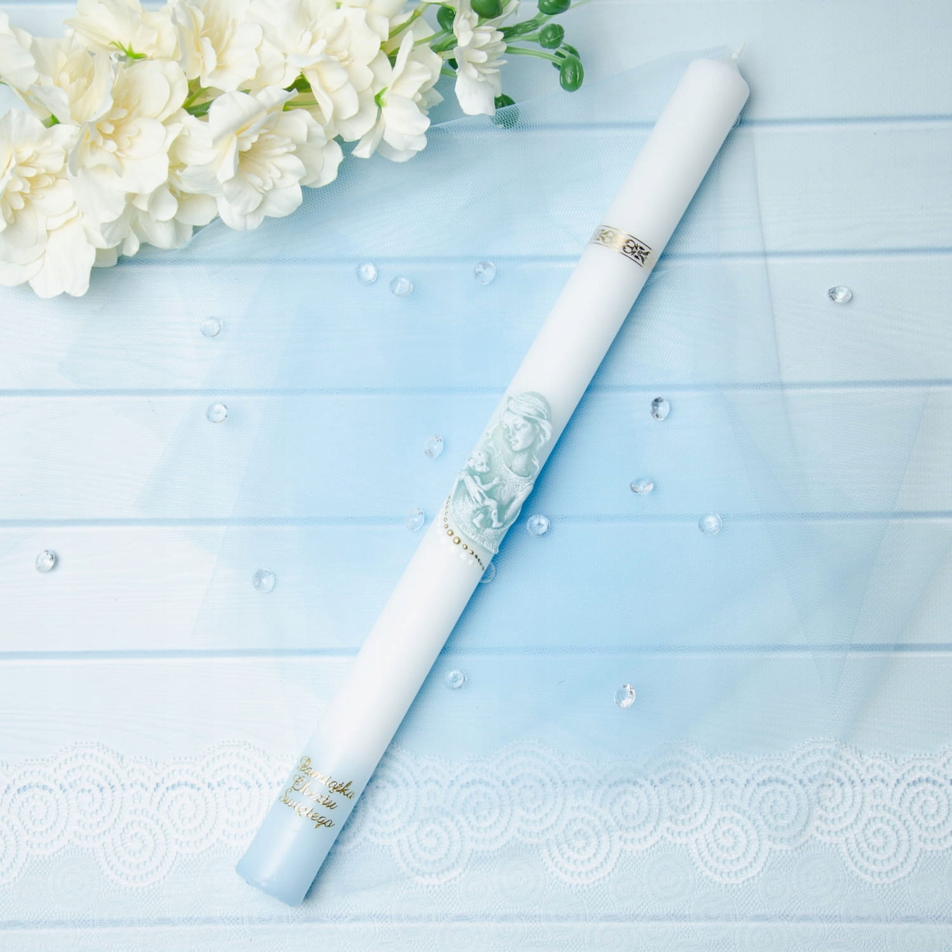 Festivalartikel Taufkarte Taufkerze Junge Blau Gold 40cm Handdekoriert Gromnica