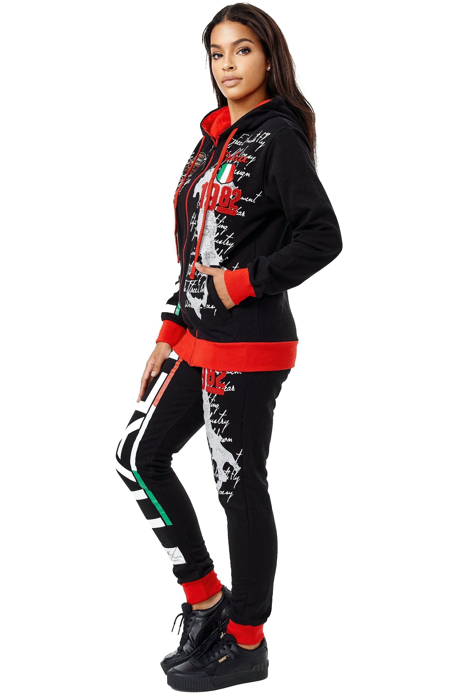 L.gonline Freizeitanzug Damen Jogginganzug, Hose und Kapuzenjacke, 100% Baumwolle, Italy (Kapuzenjacke mit Reißverschluss, Hose, 2-tlg), Fitness Freizeit Casual