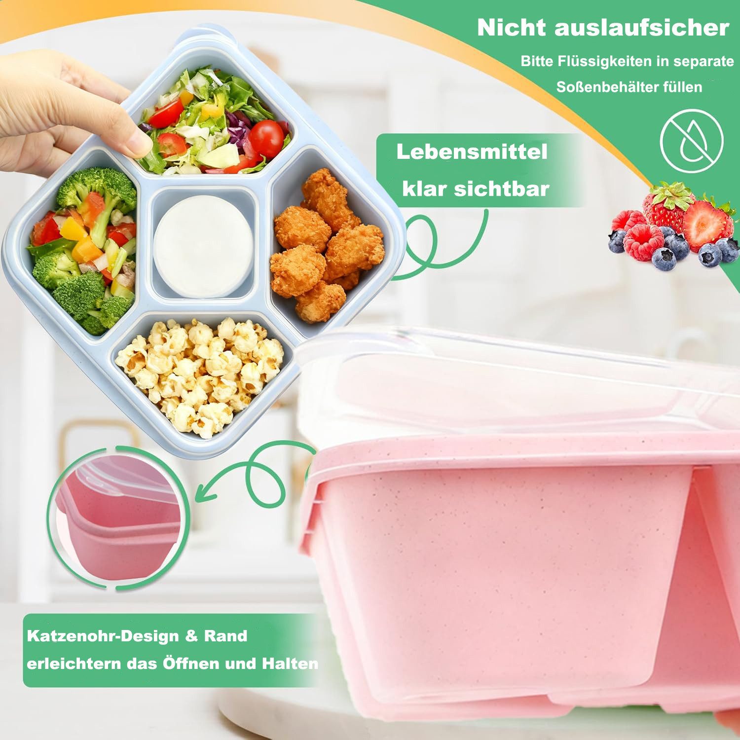 Agger Lunchbox 4er Set Snackboxen mit 5 Fächern – Auslaufsichere Bento Lunchboxen, (4-tlg), mit transparentem Deckel, für Erwachsene & Kinder