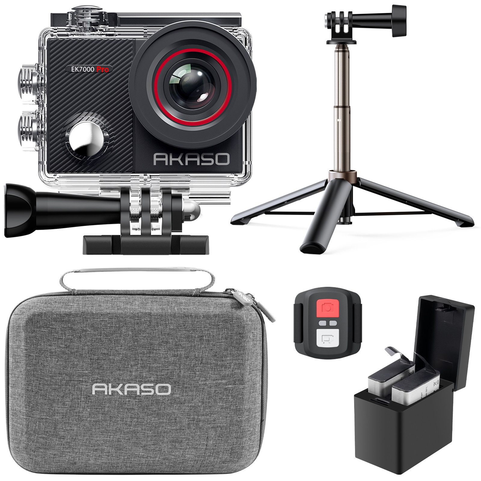 Akaso EK7000 Pro mit 60cm Selfie-Stick & Tasche Action Cam (4K Ultra HD, WLAN 2.4 GHz, WiFi, Wasserdicht bis 40m, Touchscreen, EIS 2.0)