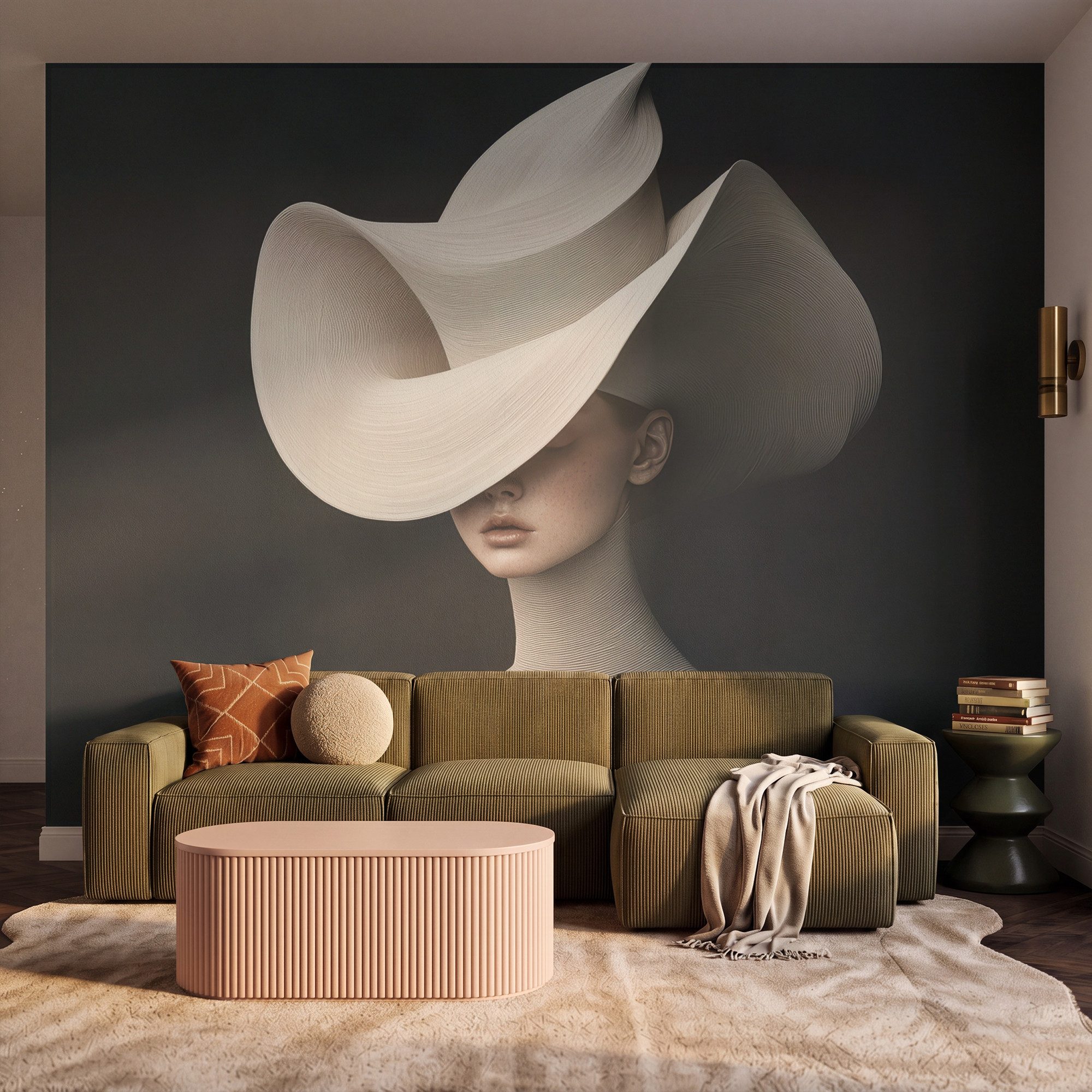 OnlyWow Fototapete Frau - gewellt - Hut, Matt, bedruckt, Wohnzimmer, Schlafzimmer, Wanddekoration, Vliestapete 350x300cm