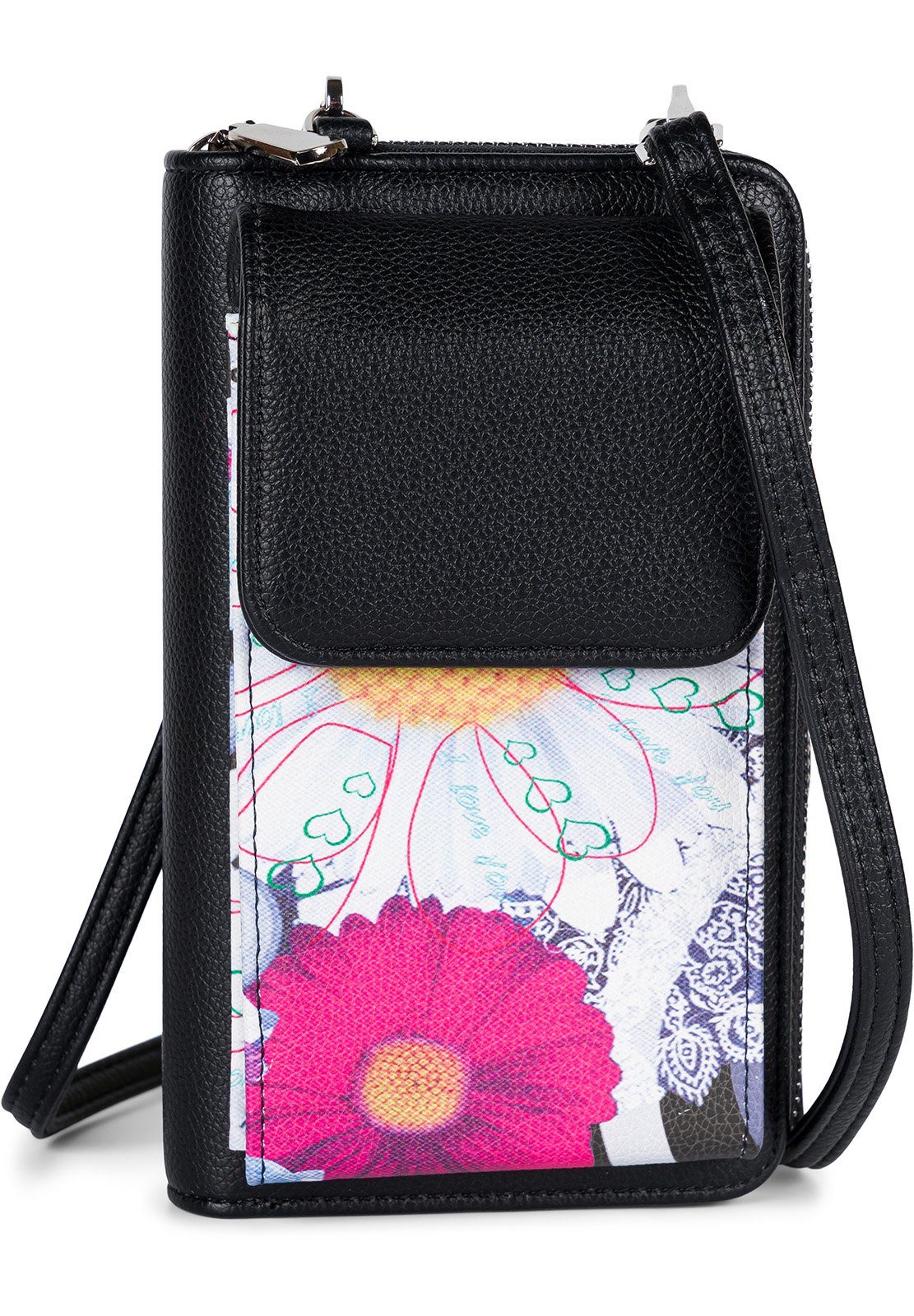 styleBREAKER Mini Bag (1-tlg), Mini Bag Ethno Blumen Blüten - RFID Schutz Schwarz-Weiß-Pink