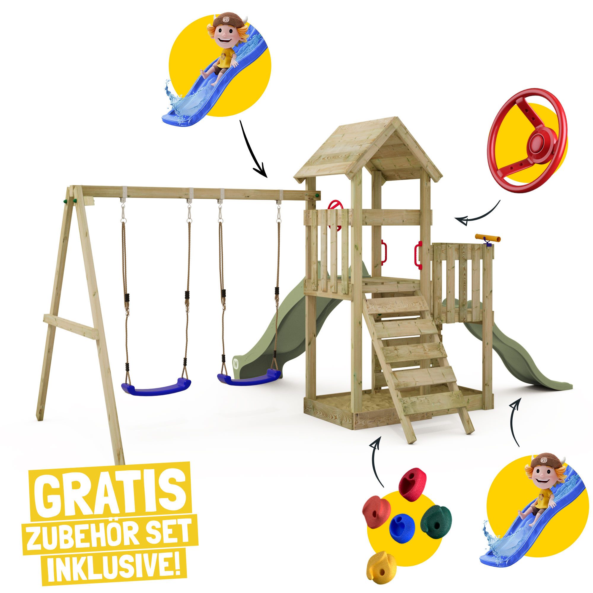 Wickey Klettergerüst SkyFlyer Spielturm mit 2 Podesten, 2 Rutschen & Doppelschaukel, (Wetterfester Massivholz Kletterturm für Outdoor-Abenteuer, Kletteranbau fördert Gleichgewicht, Bewegung & Motorik), Abenteuer für kleine & große Kinder mit 10 Jahren Garantie*