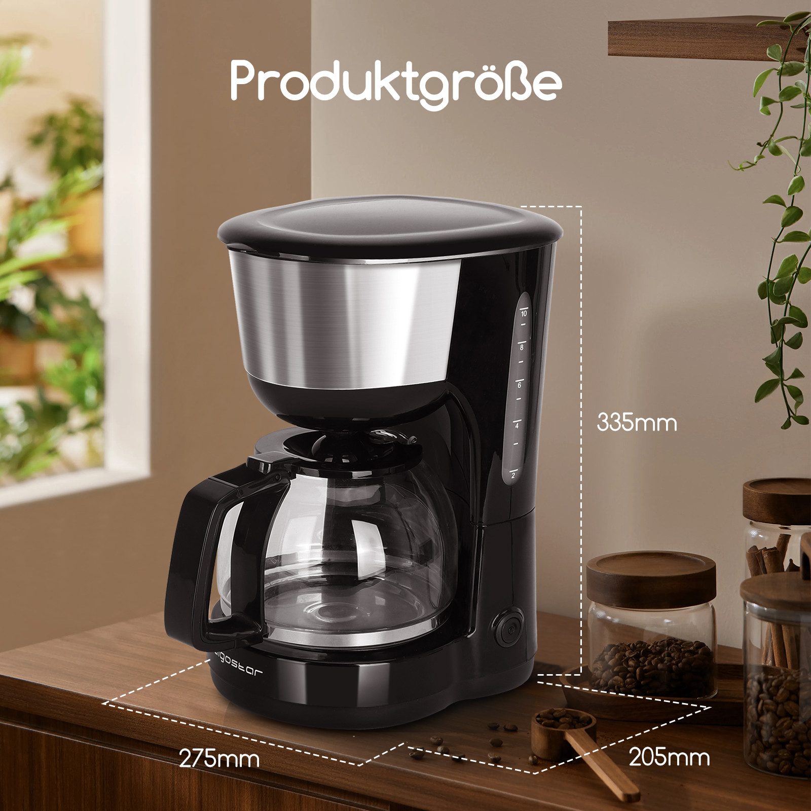 Aigostar Filterkaffeemaschine Filterkaffeemaschine Edelstahl, 1000W,10 Tassen,1,25l, 1.25l Kaffeekanne, Filterkaffeemaschine mit 1,25L Glaskanne, bis zu 10 Tassen