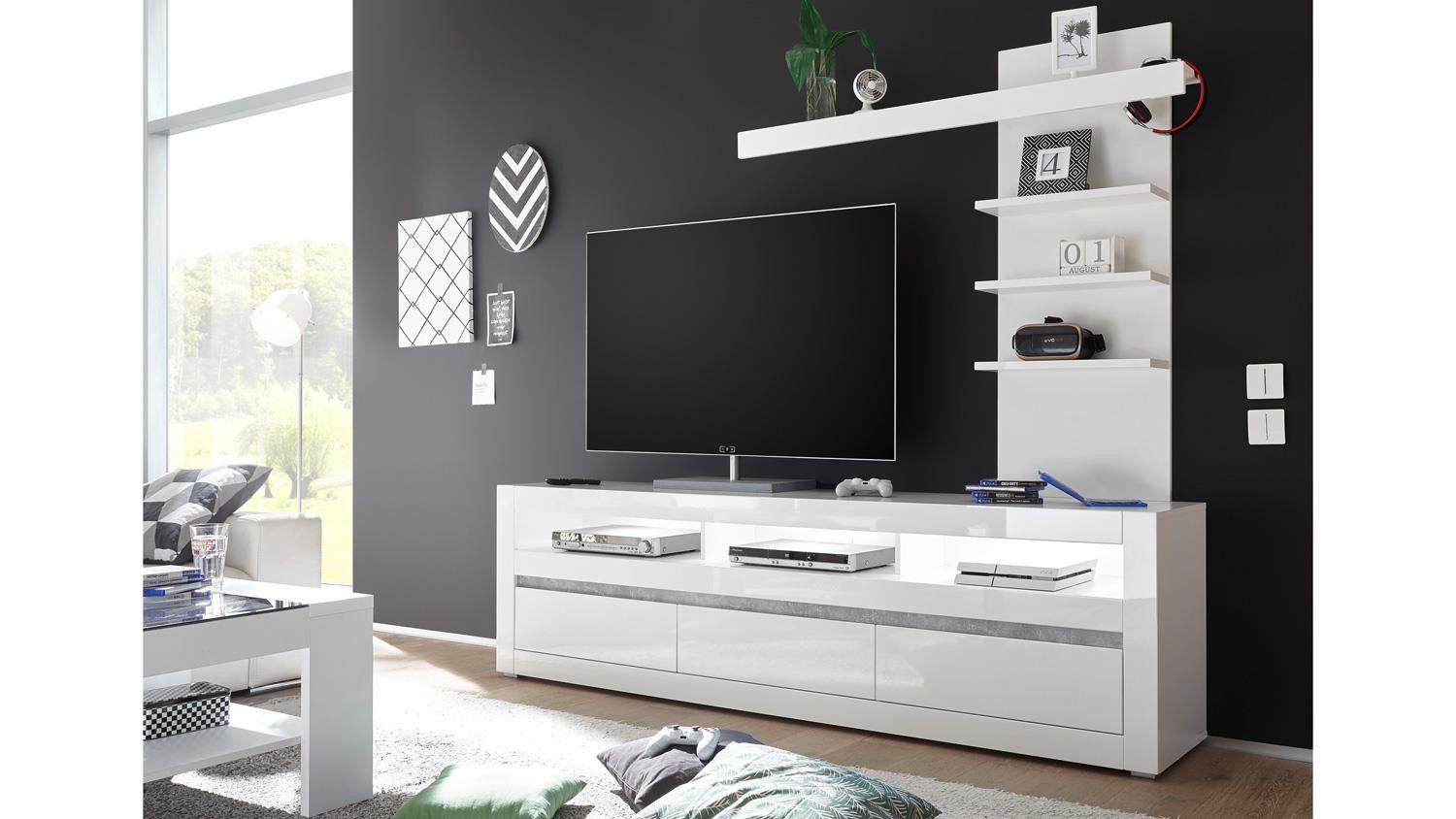 Möbel Akut Wohnwand Wohnwand 3 Carat Anbauwand TV-Board Regal weiß Hochglanz, (2-St)