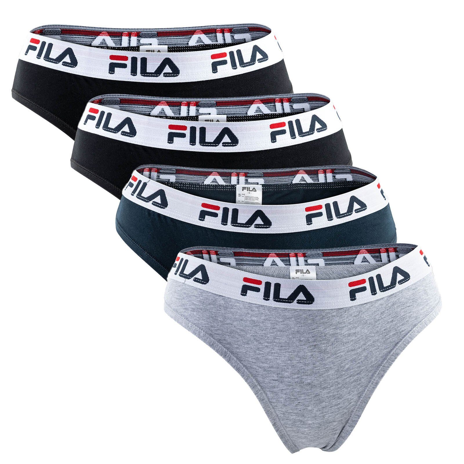 Fila Slip Damen Brazilian Slip - 4er Pack, Logo-Bund, Cotton Schwarz/Grau/Marine
