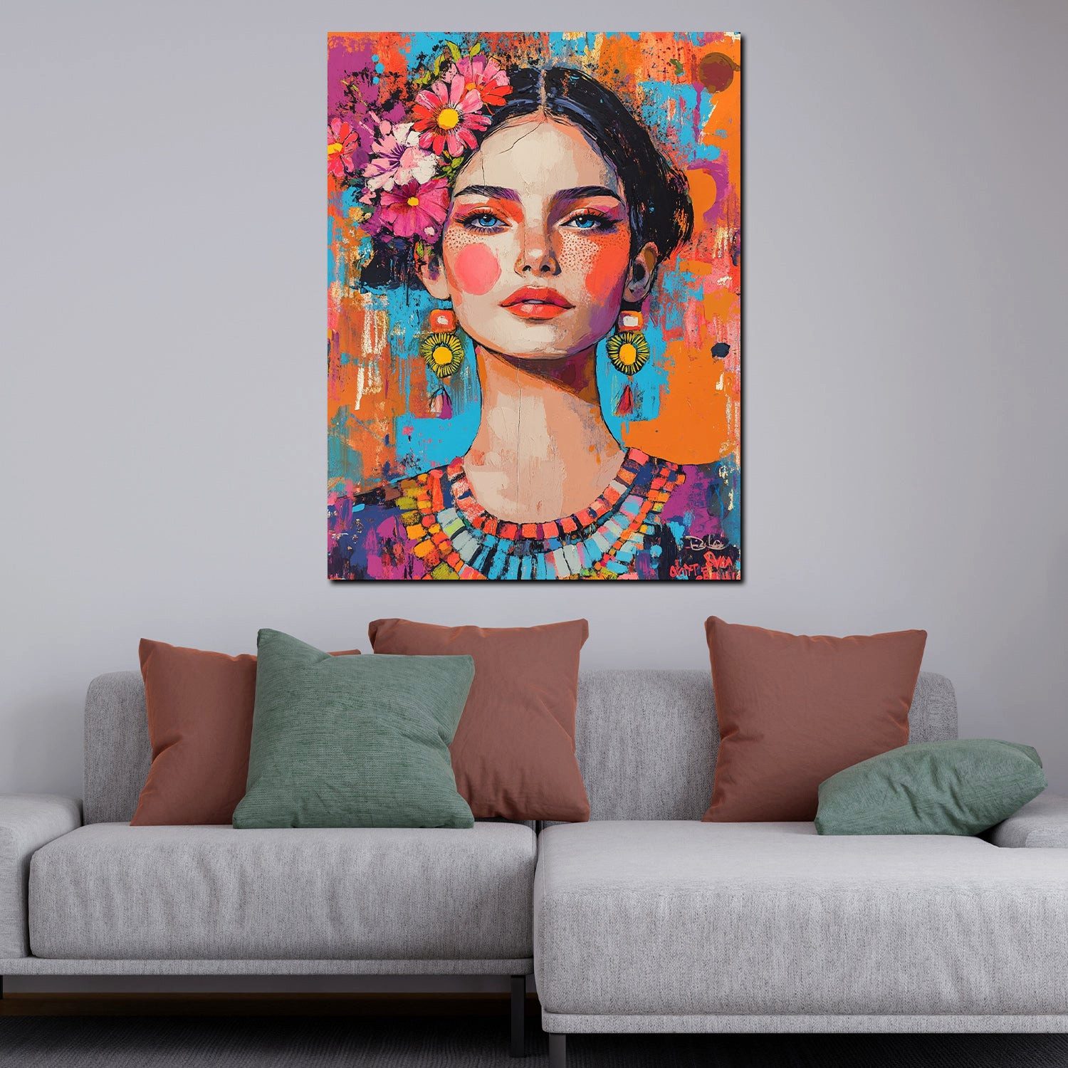 Artedinoi Leinwandbild Pop Art Frau Frida jung mit Blumen modern Leinwandbild Wandbild XL Wan, Junge Frida Kahlo mit Blumen