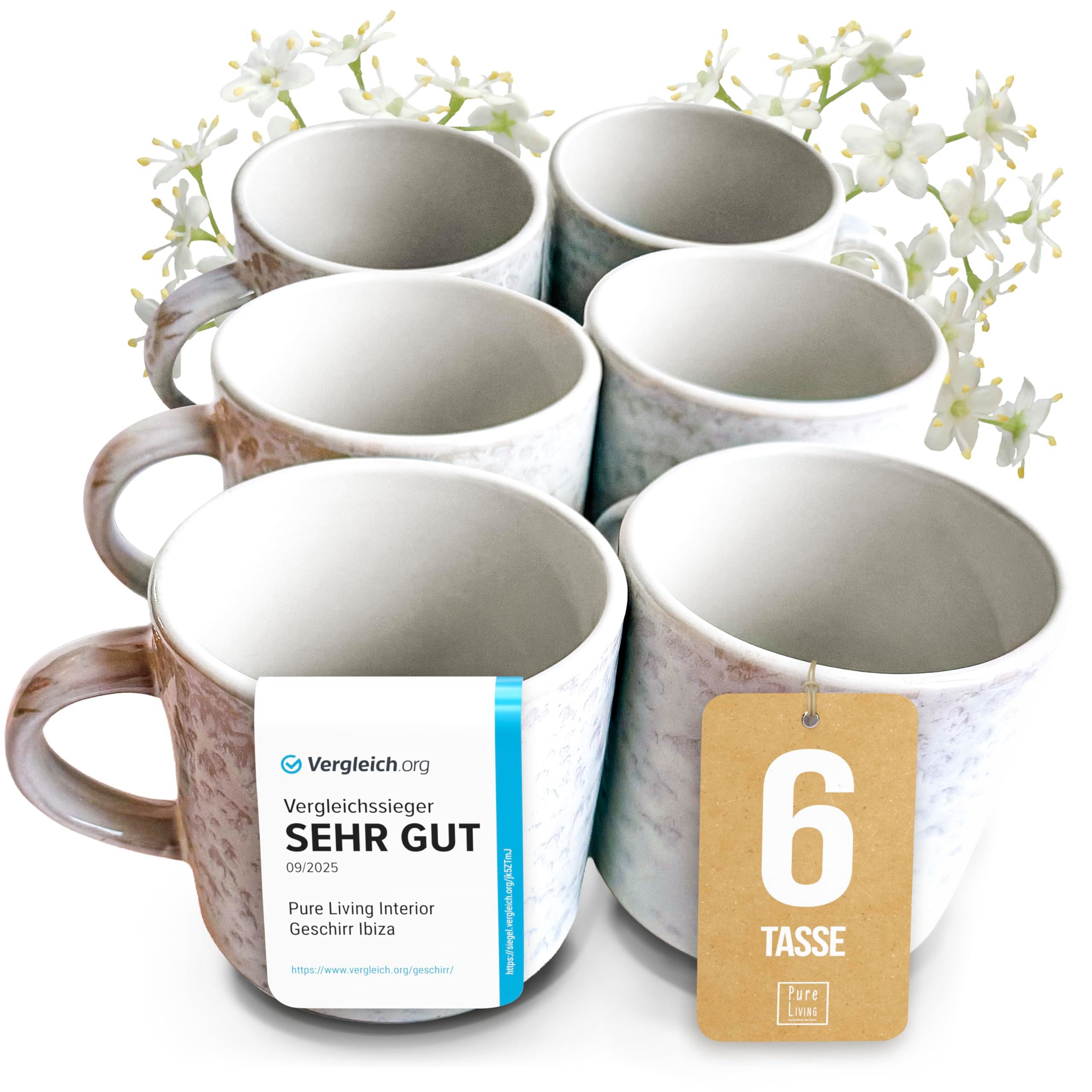 PURE LIVING INTERIOR DESIGN Geschirr-Set Ibiza Becher, 6er-Set, 350 ml, Beige, Steingut (6-tlg), 6 Personen, Steingut