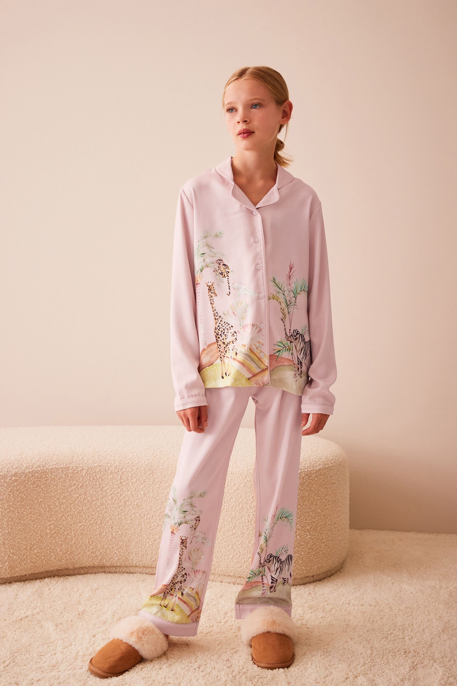 Next Pyjama Pink (2 tlg) Schlafanzug geknöpfter Satin Safari Durchgehend aus
