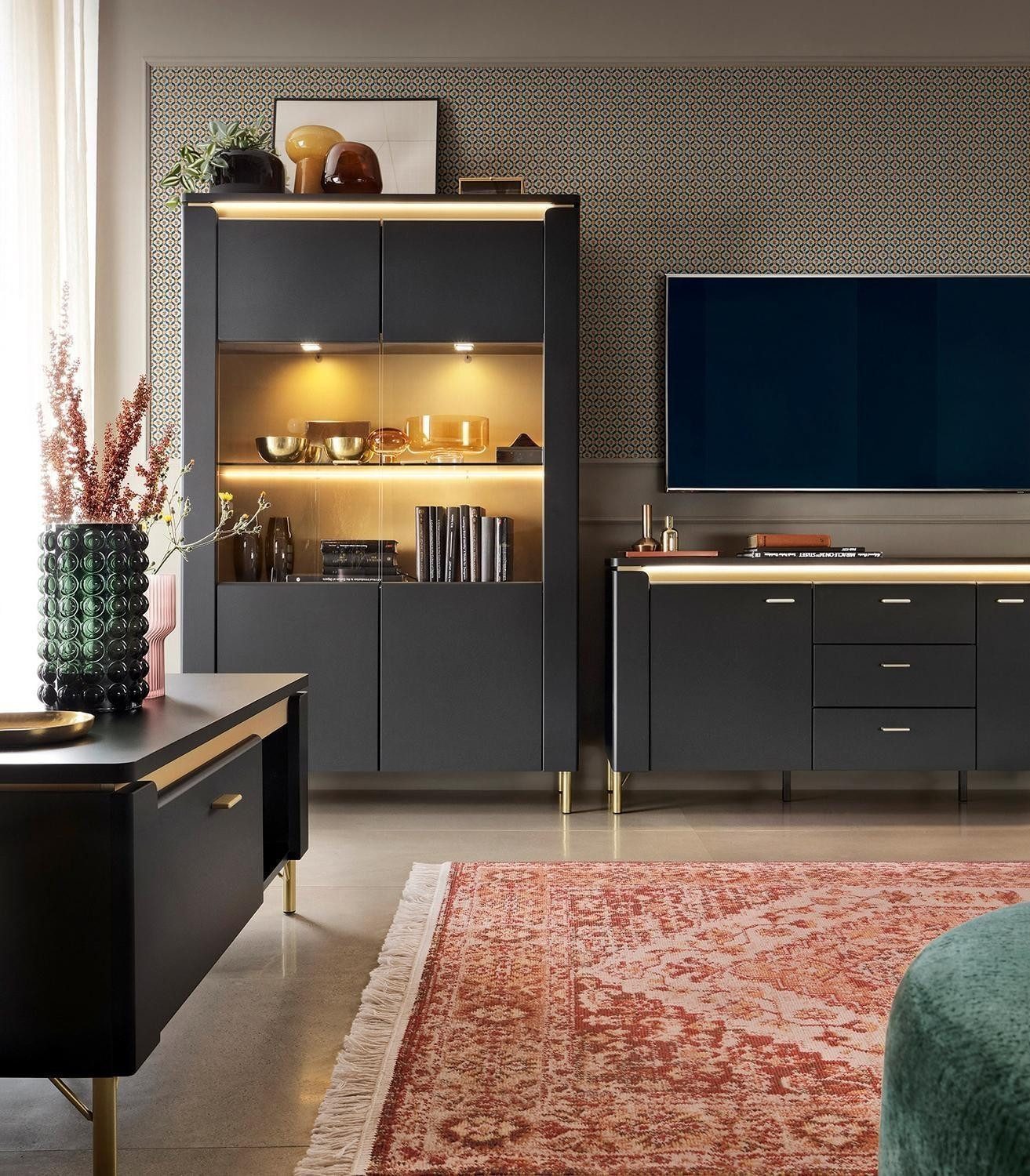 Highboard NORICA, 2 Glastüren, Goldgelb, Schwarz, Soft-Close, ohne Beleuchtung, B 110 x H 169 x T 40 cm
