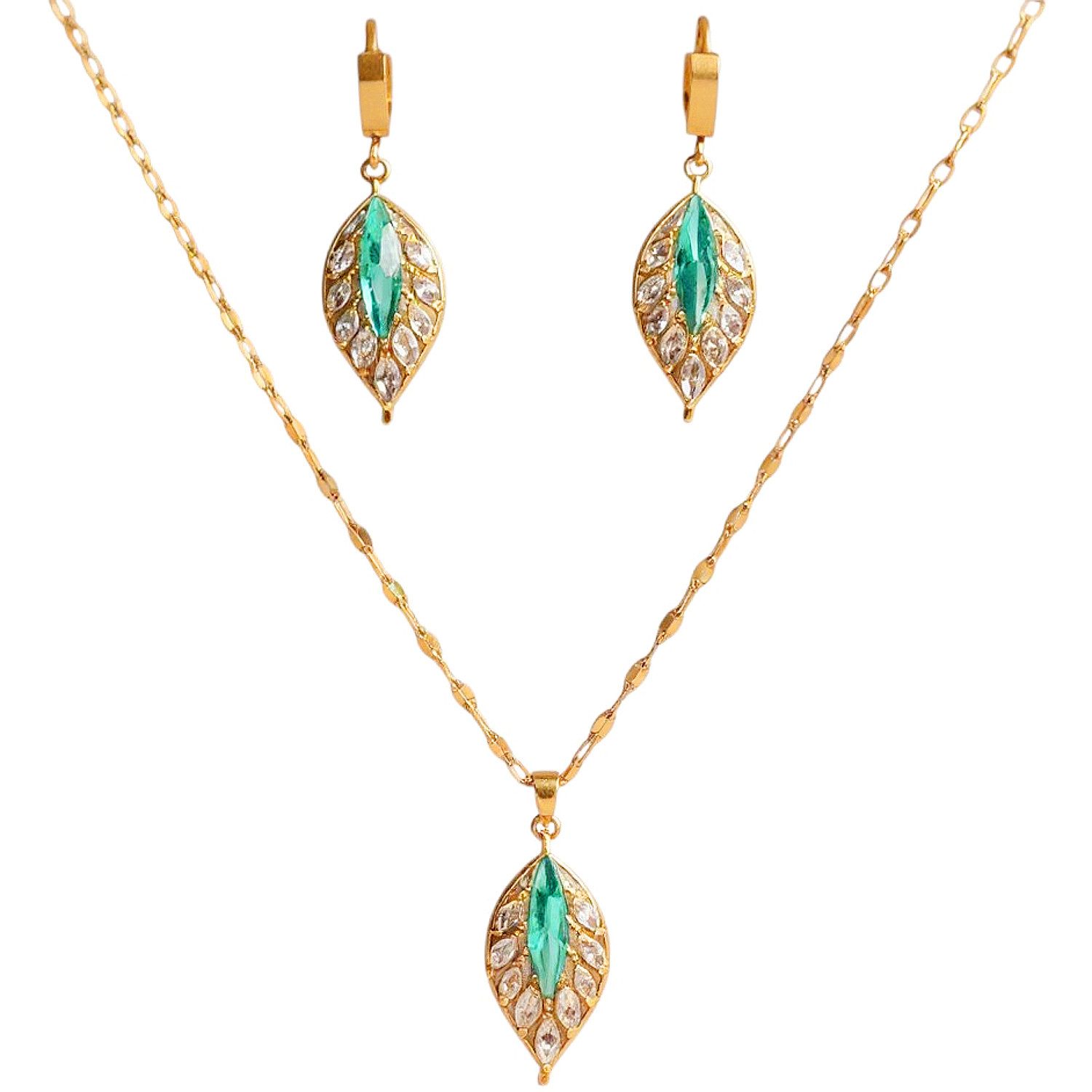 KARMA Schmuckset Gold Grün Damen Edelstahl vergoldet Halskette 41 cm (wasserfest hypoallergen, Damenschmuckset Kette Geschenk für Sie), Ohrringe eleganter Schmuck