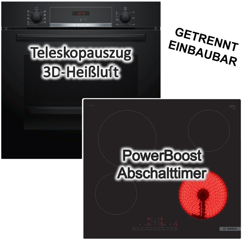 BOSCH Backofen-Set Glaskeramik Kochfeld 71 L Hydrolyse Teleskopauszug PowerBoost, mit 1-fach Teilauszug, Hydrolyse EcoClean Direct