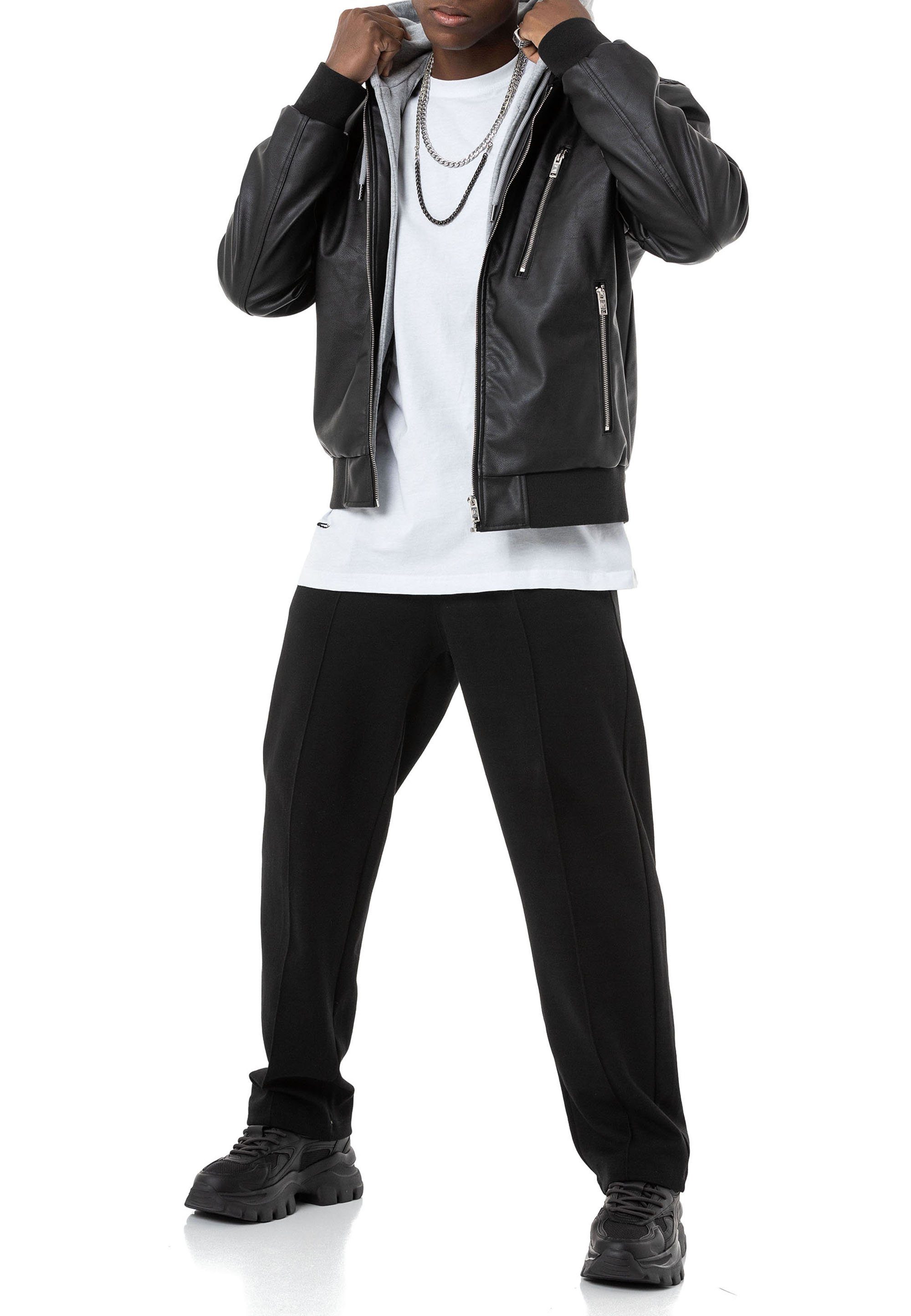 Lederimitatjacke Bomberjacke mit abnehmbarer Kapuze