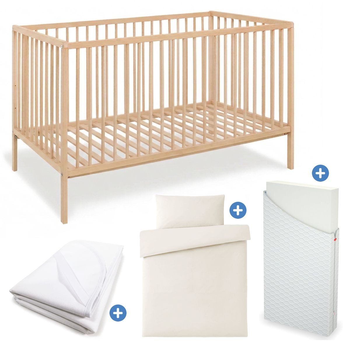 Pinolino® Babybett 4-tlg. Set Hanna - Natur, Kinderbett Set 70 x 140 cm mit Matratze, Bettwäsche & Betteinlage