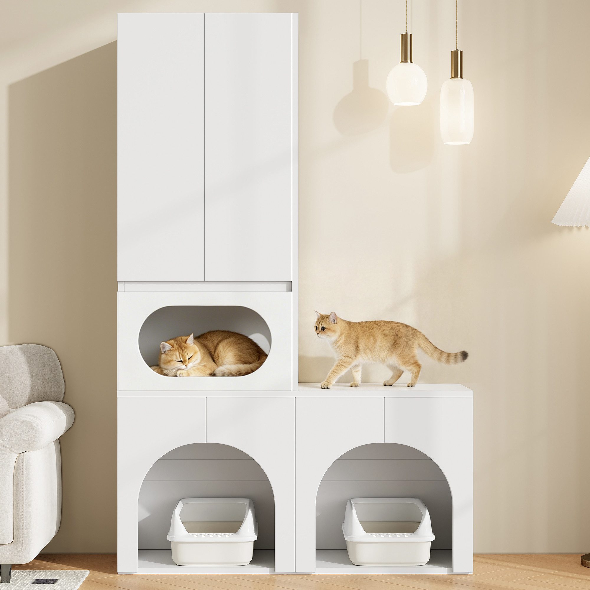 Flieks Katzenhaus Katzentoilettenschrank Haustierschrank, Mehrzweckschrank mit Ruhebereich Multifunktionsschrank Weiß