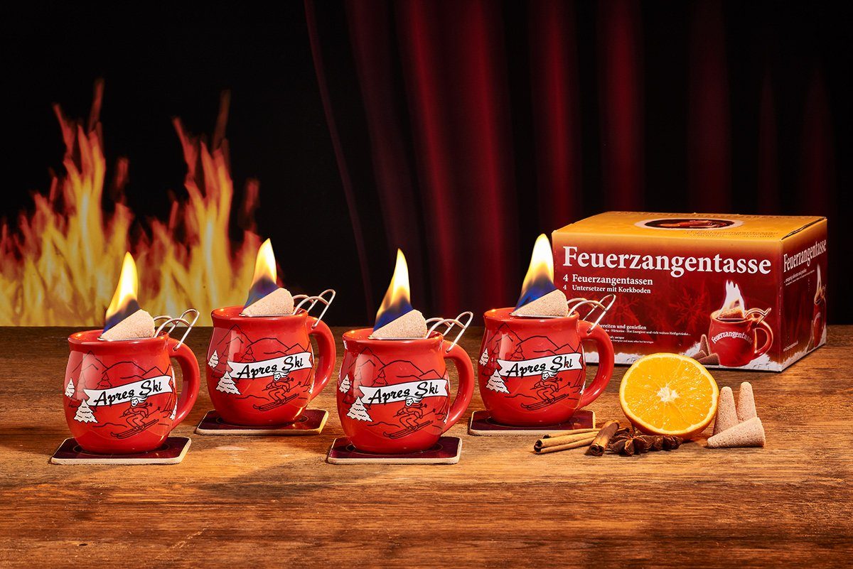 Feuerzangentasse Bowle-Set Feuerzangentasse 4er-Set (Feuerzangenbowle Set, 9-tlg., 4x Feuerzangentasse, 4x Korkuntersetzer, 1x Rezeptheftchen), hitzebeständige Keramik, Edelstahl-Feuerzange