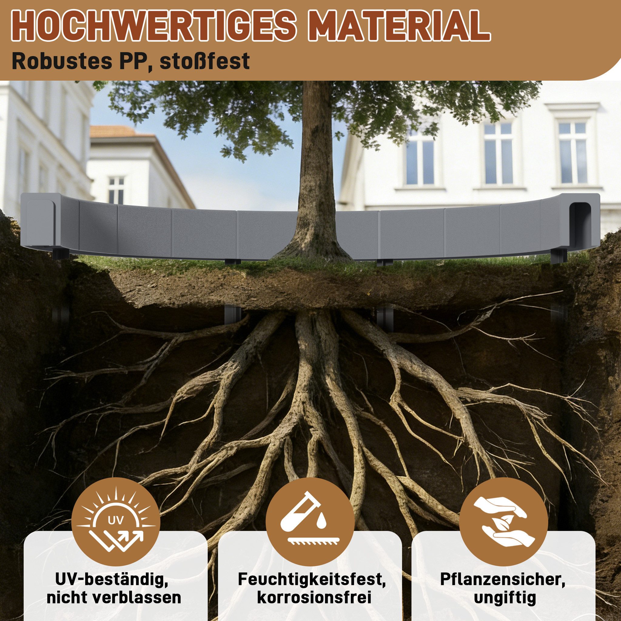FIVMEN Beetumrandung Baumringin Steinoptik Baumscheibe aus PP Baumkante Höhe 23cm, für Garten & Landschaftsgestaltung, Anthrazit/Grau
