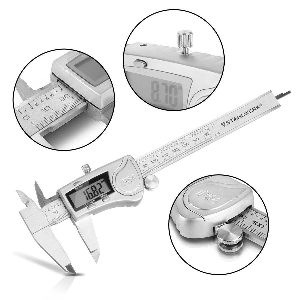 STAHLWERK Messschieber Digitaler Messschieber 0-150 mm 6" Edelstahl Schieblehre Messlehre, 0, Set, Set, Digital-Display