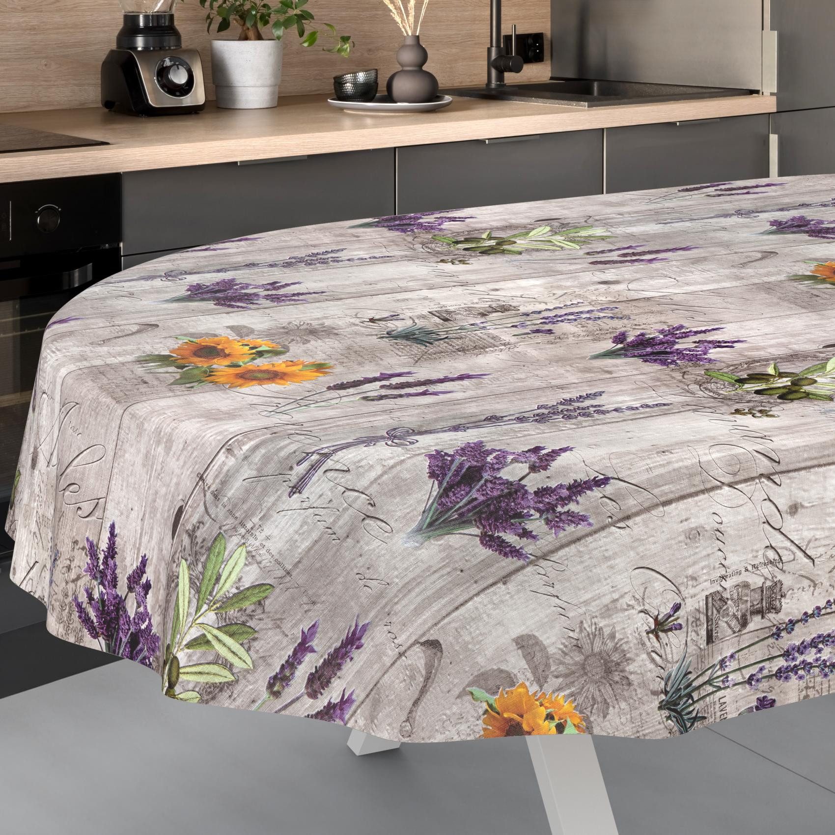 ANRO Tischdecke Provence Lavendel abwaschbar Wachstuch pflegeleicht wasserabweisend (Einzelstück 1-tlg), Schmutzabweisend Shabby Chic Grau Oval 160x140cm Gartentischdecke