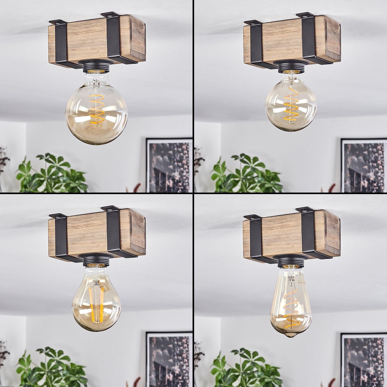 hofstein Deckenleuchte moderne Deckenlampe aus Metall /Holz in Schwarz/Natur, ohne Leuchtmittel, im Industrial-Style, Retro/Vintage-mit Holzbalken, E27-Fassung.