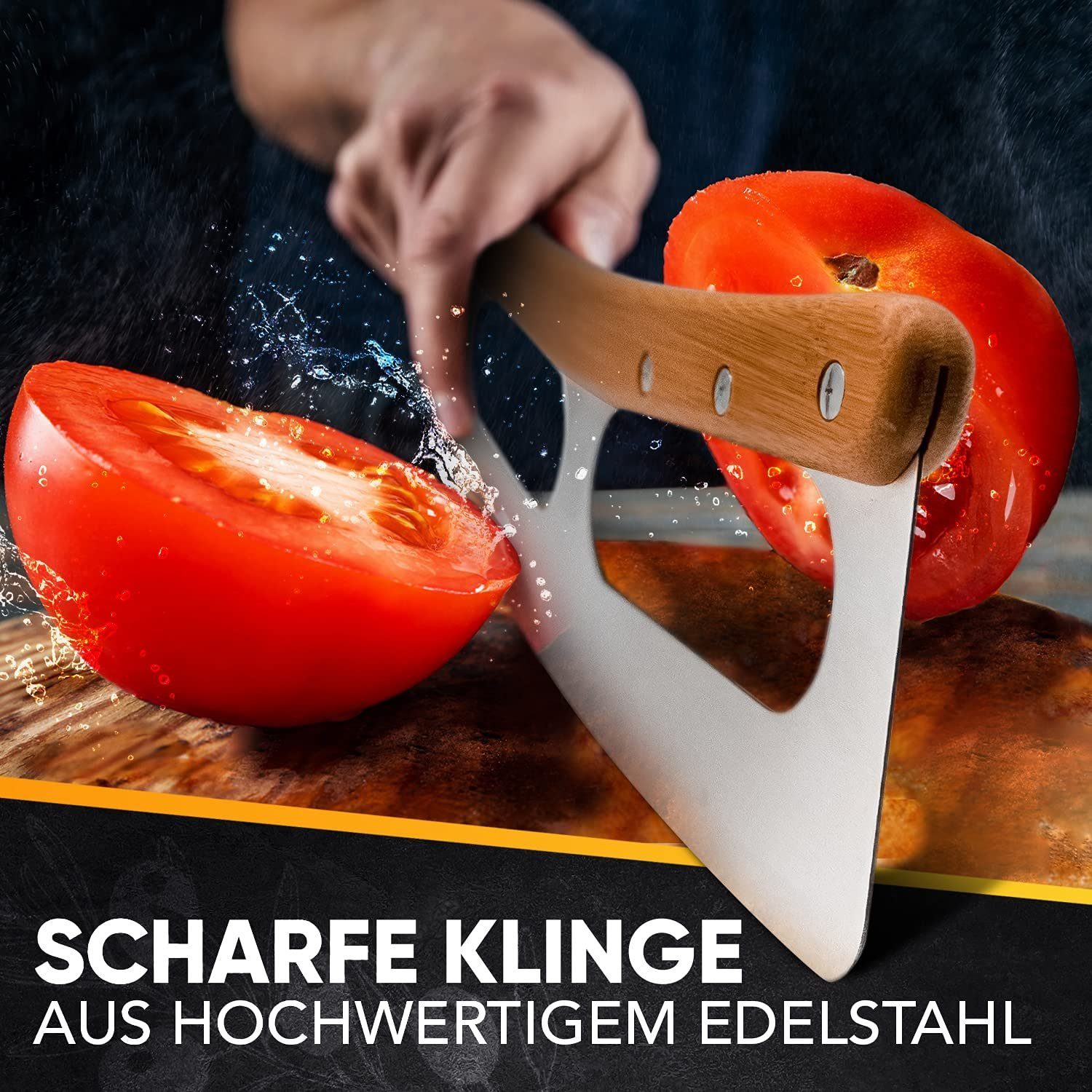 Loco Bird Pizzaschneider aus Edelstahl mit Bambusgriff und mit Klingenschutz, Allzweck-Wiegemesser: scharfe Klinge, robuster Griff - Edelstahl – Bild 4 von 5