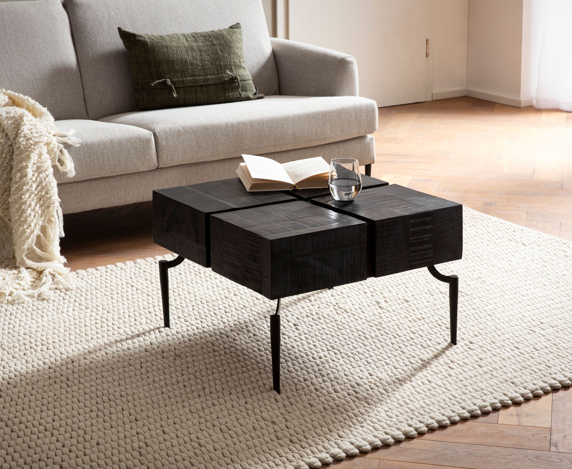 FINEBUY Couchtisch Couchtisch Schwarz Massivholz quadratisch 60cm Wohnzimme günstig online kaufen