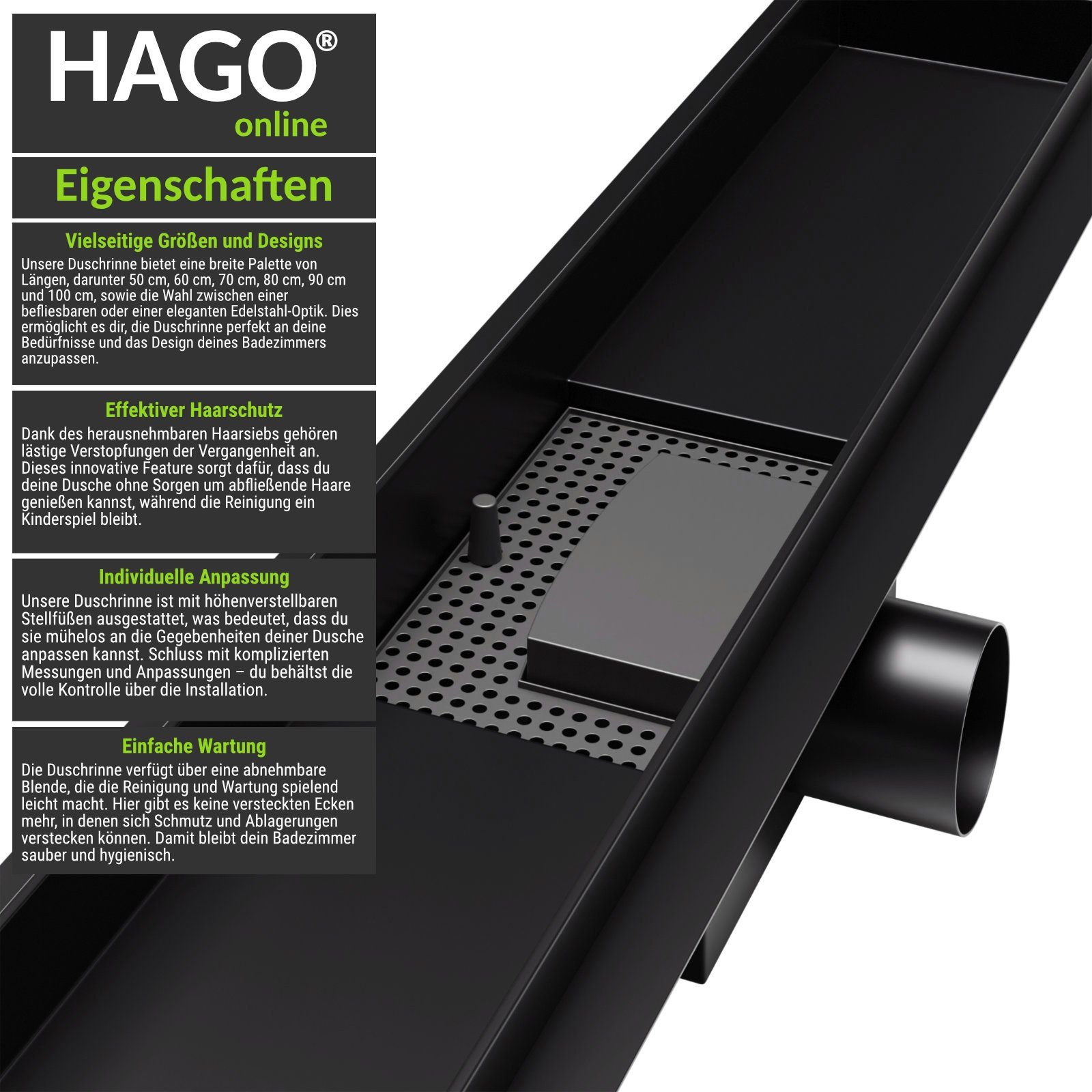 HAGO Duschrinne 2in1 Duschrinne Schwarz Duschablauf Bodenablauf Abflussrinne Edelstahl