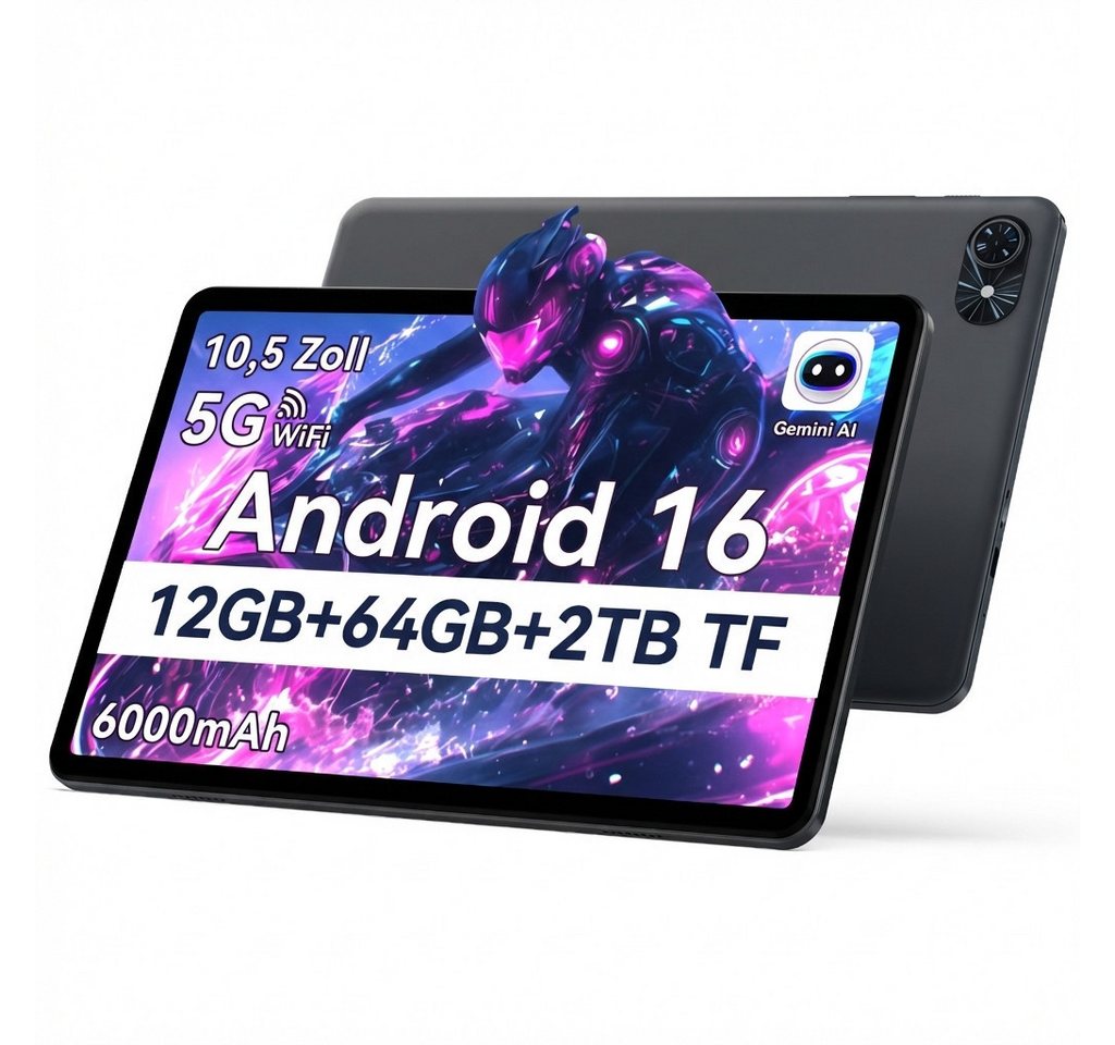 TABWEE T8 10,5", 6000 mAh, 12GB+64GB, Android 16, WLAN Tablet (10.5", Android16, 5G wifi, Android 16, Gemini AI, PC-Modus)