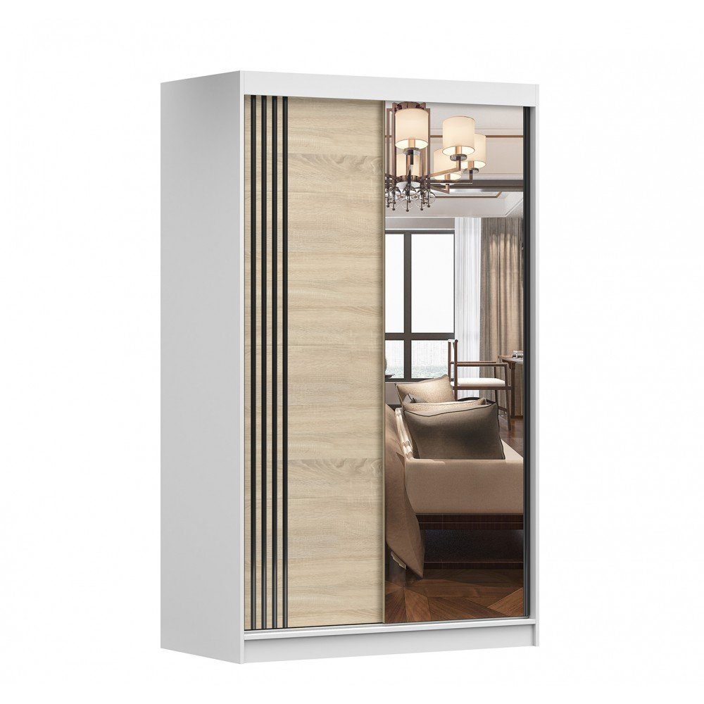 MOEBLO Kleiderschrank NOAH 07 (mit Spiegel Schwebetürenschrank 2-türig Schrank mit vielen Einlegeböden und Kleiderstange, Gaderobe Schiebtüren Schlafzimmer-Wohnzimmerschrank Modern Design), (BxHxT): 120x200x61 cm Weiß + Sonoma
