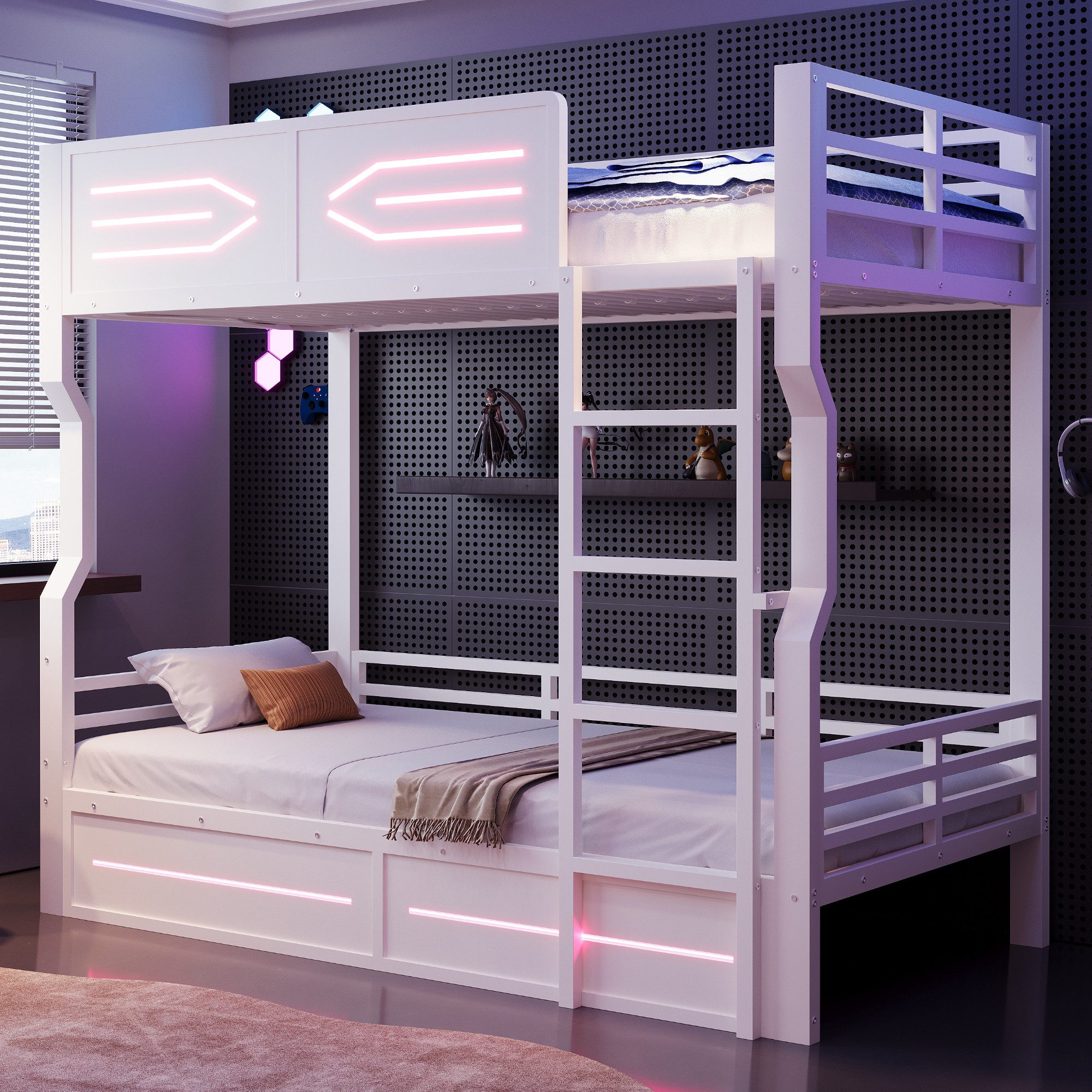 Flieks Etagenbett, Metallbett Kinderbett 90×200cm mit LED-Beleuchtung und Leiter
