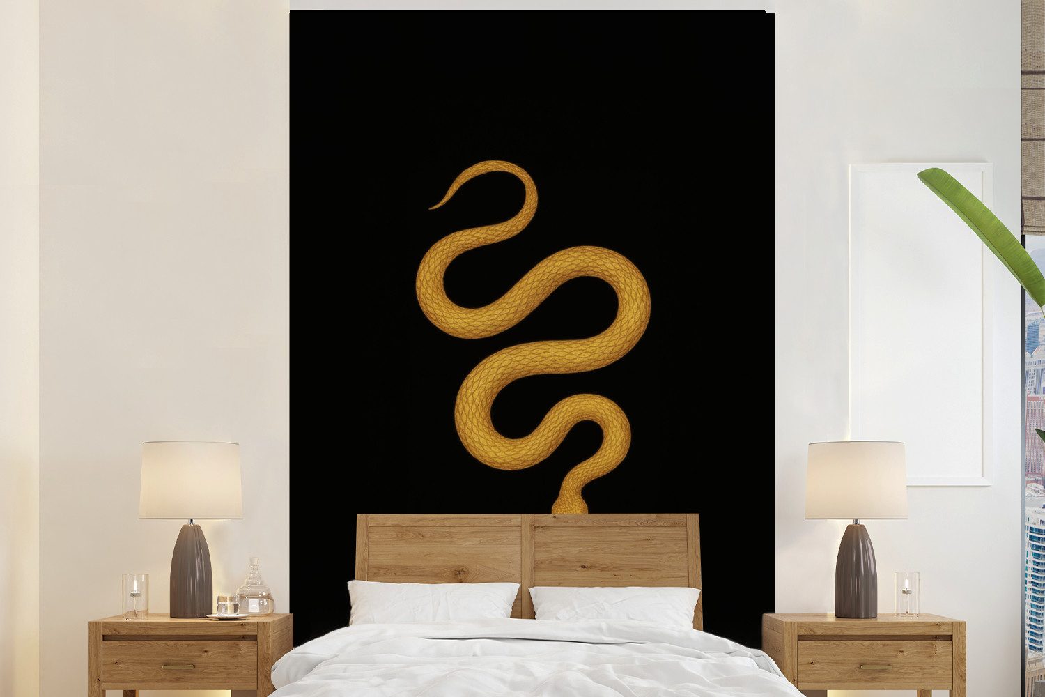 MuchoWow Fototapete Schlange - Minimalistisch - Gold, Matt, bedruckt, Vliestapete für Wohnzimmer Schlafzimmer Küche, Fototapete, 180x280 cm
