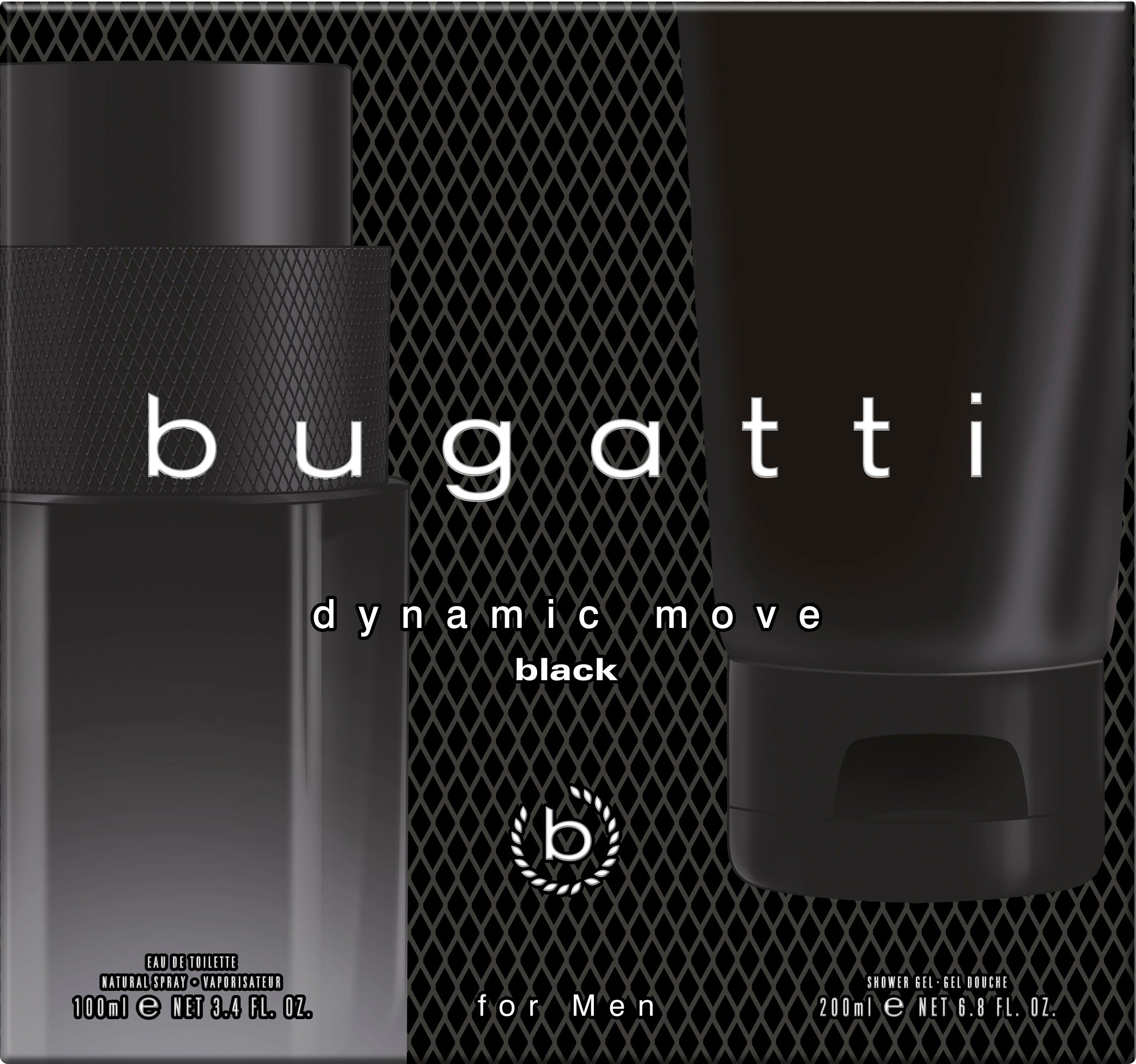 bugatti Duft-Set BUGATTI Dynamic Move Black for him GP EdT 100ml + 200 ml SG, 2-tlg., Herrenduft-Set mit Lavendel, Moschus und orientalischer Note.