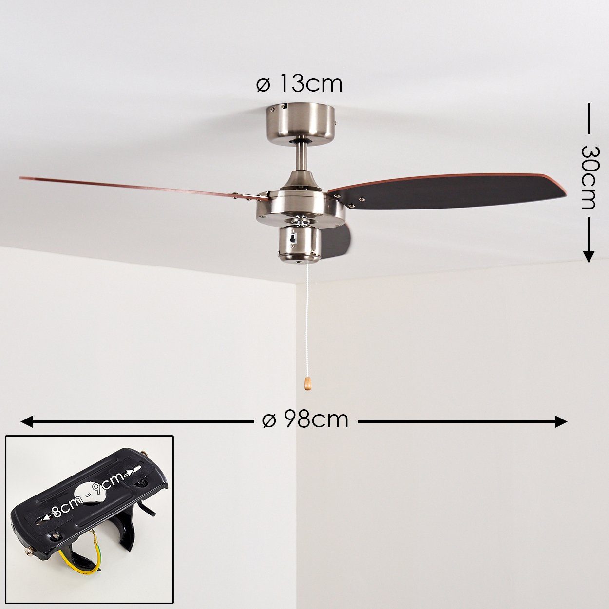 hofstein Deckenventilator »Priore« Deckenventilator, Metall/Holz, Nickel-matt/Silber und Braun, mit 2 Zugschnuren u. wendbaren Rotorblättern, in 3 Stufen schaltbar