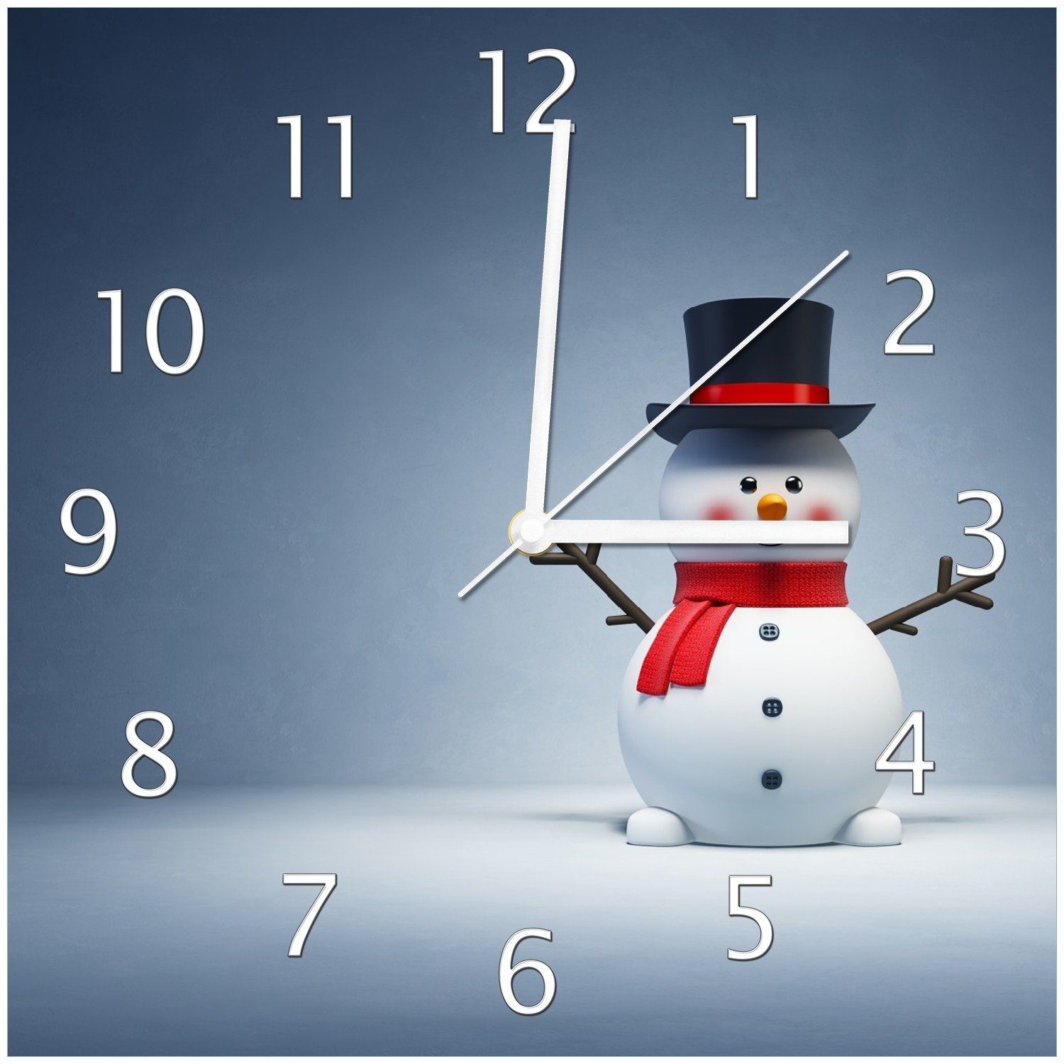 (Glasuhr) Schneemann und Zylinder Winterstimmung - mit Schal Frecher Wanduhr Wallario rotem