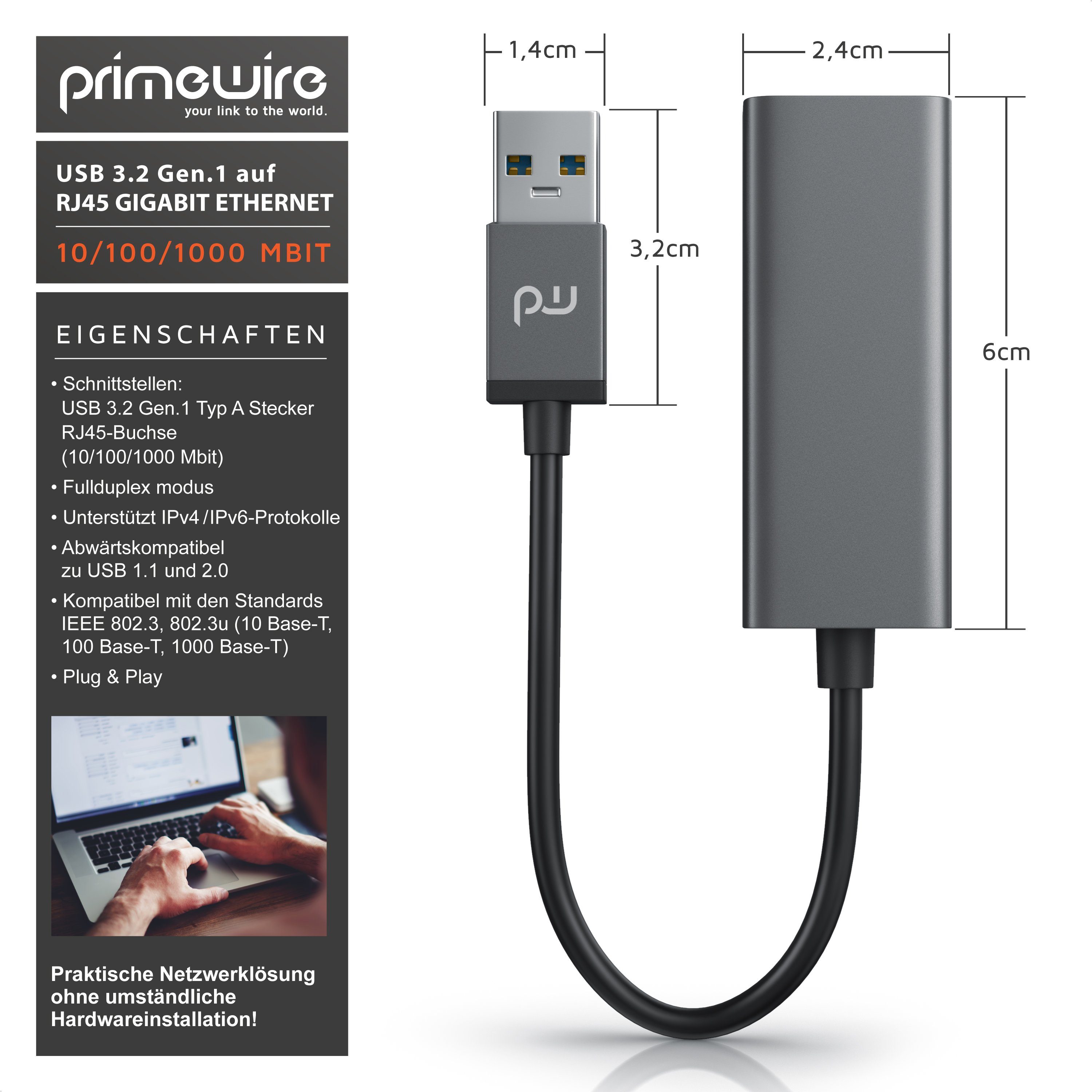 Primewire USB 3.2 Netzwerkadapter, extern Gigabit RJ45 Anschluss, Kabel 13,5 cm Netzwerk-Adapter USB Typ A zu RJ-45 (Ethernet), USB TYP A Stecker auf RJ45, bis zu 1000 Mbps/ 1000 Base-T, Alugehäuse