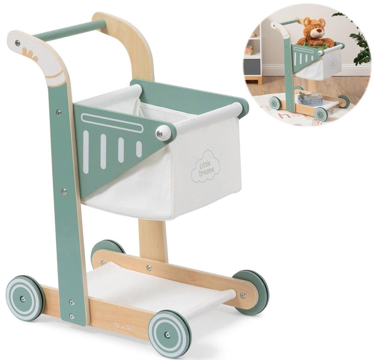ELLA & PIET® Spiel-Einkaufswagen SHOPPY aus Holz für Kinder (Salbeigrün)