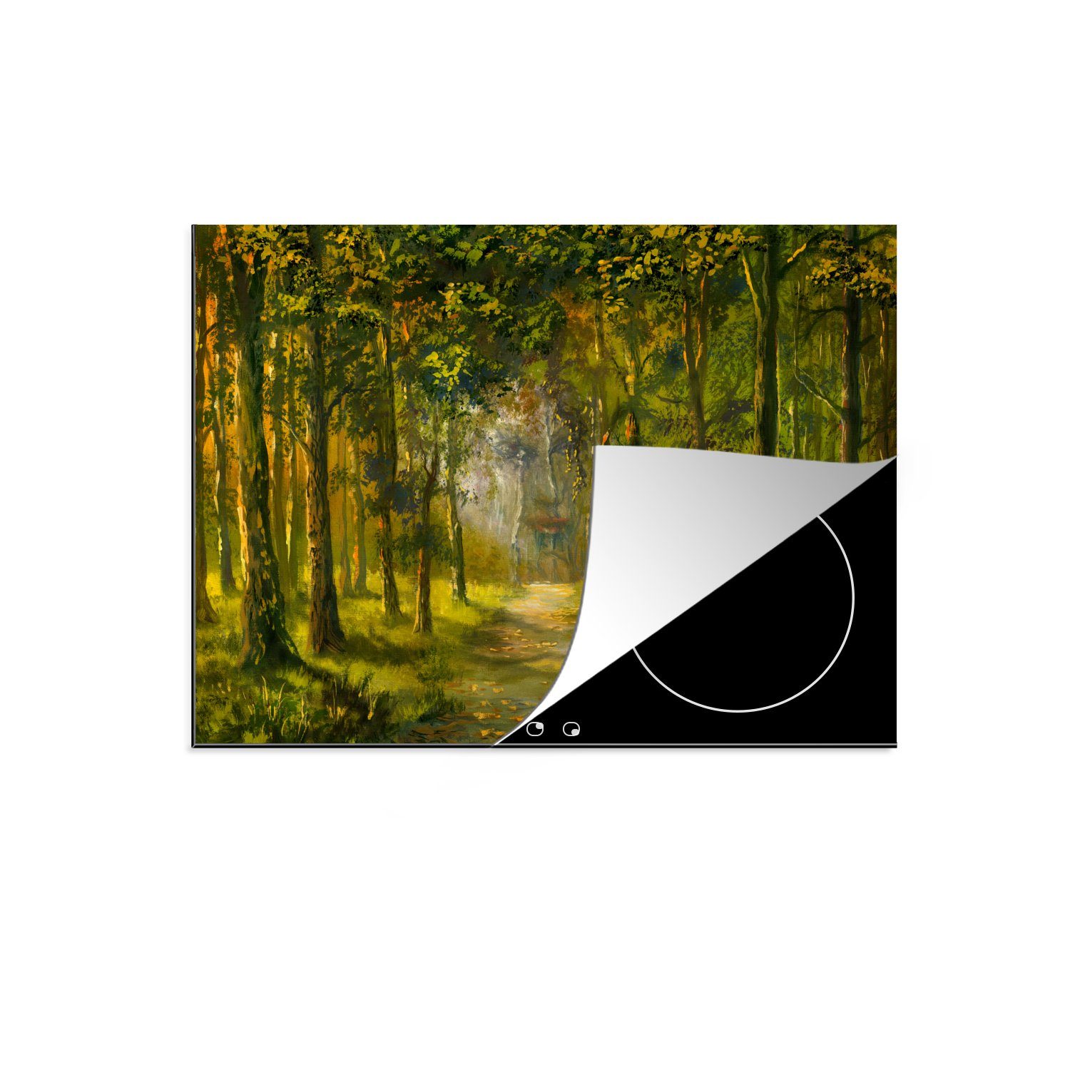 MuchoWow Herdblende-/Abdeckplatte Eine Illustration eines Weges durch den Wald, Vinyl, (1 tlg), 70x52 cm, Mobile Arbeitsfläche nutzbar, Ceranfeldabdeckung