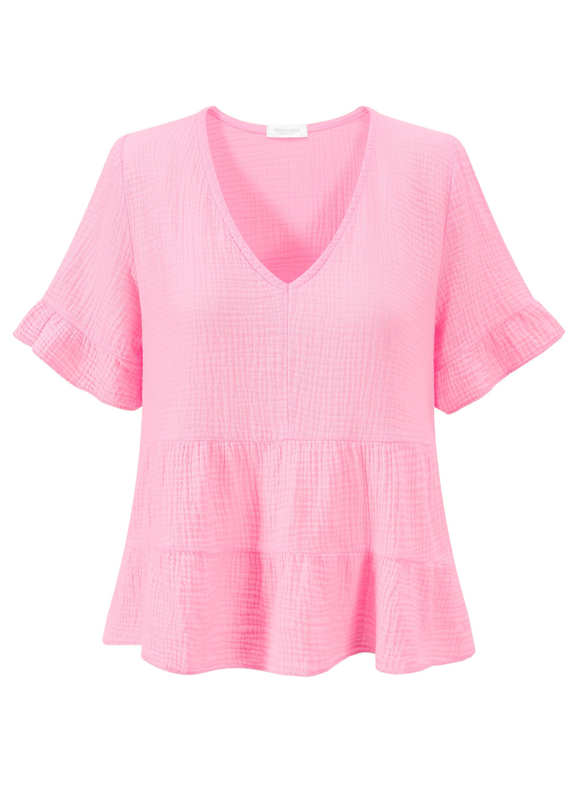 SASSYCLASSY Kurzarmbluse Luftiges Musselin Shirt Damen mit Volants Musselin günstig online kaufen