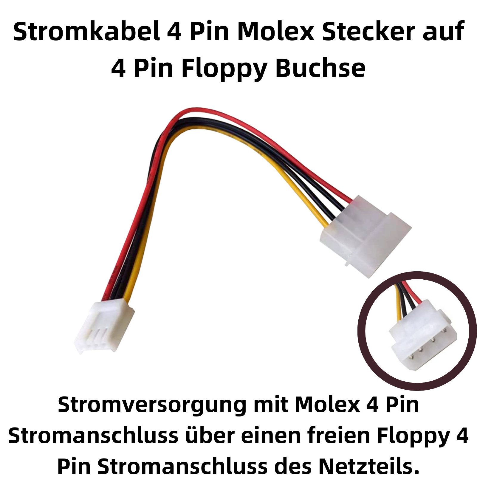 Bolwins Q02 FDD Stromadapter Molex 4-Pin auf Floppy 4-Pin Adapter 20 cm für PC Computer-Kabel, 4-Pin Molex Stecker (5,25), männlich, 4-Pin Floppy Strom Buchse, weiblich (20 cm), 20 cm Adapterkabel, Plug & Play, für Retro-PCs und Floppy-Laufwerke