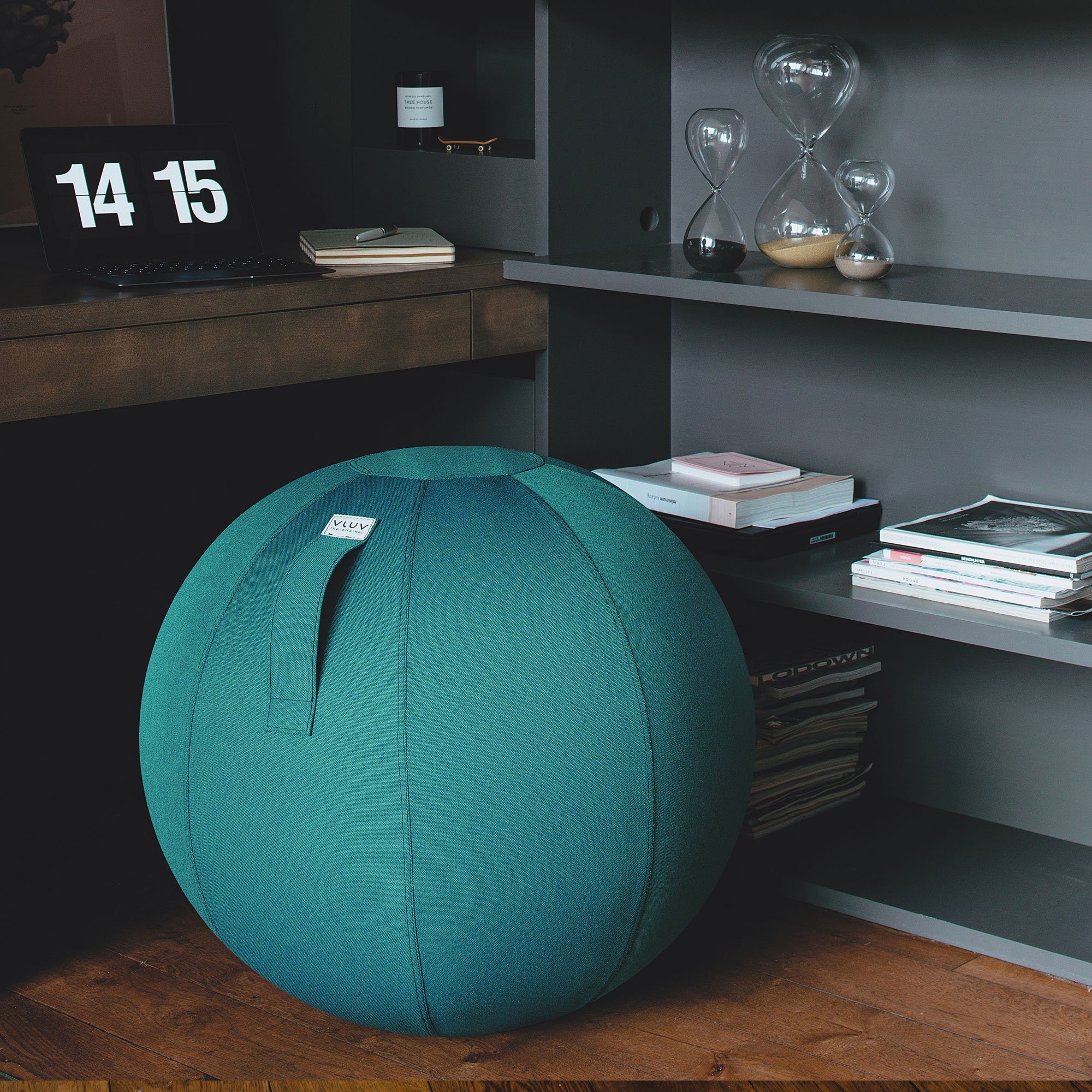 VLUV Sitzball BOL LEIV Stoff-Sitzball, mit ergonomisches Tragegriff Petrol (blau-grün), Sitzmöbel 65cm, Ø Büro Zuhause, 60cm für Möbelbezugsstoff, und Dark - und formstabil, Farbe: robust