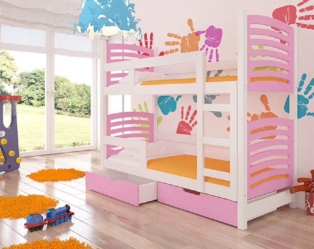 Feldmann-Wohnen Hochbett OSUNA (Etagenbett mit 2 Schlafgelegenheiten) Farbe wählbar Kiefer weiß / Absetzungen: rosa